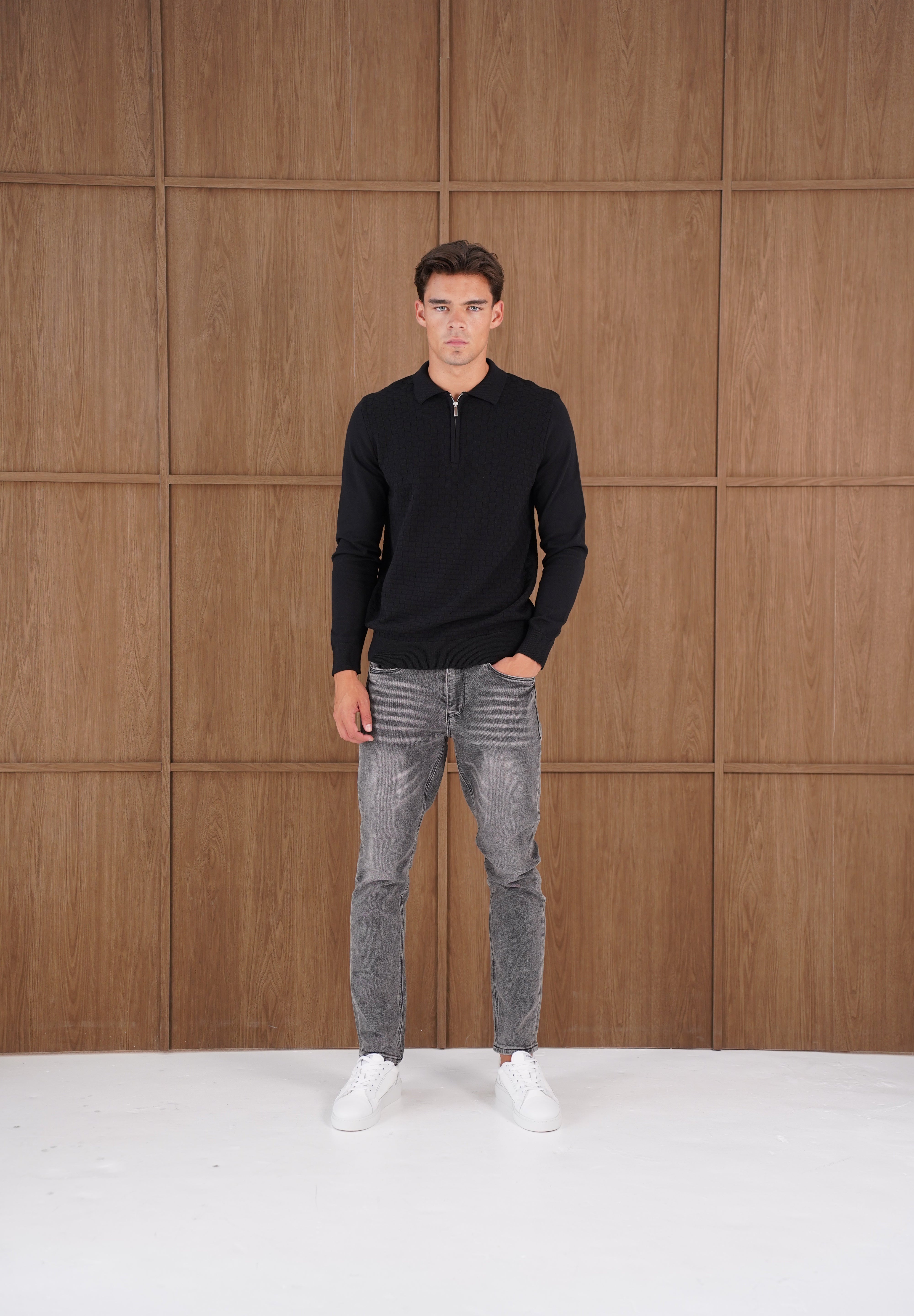 Capo Finn Woven Panel Knit LS Polo Shirt - Black