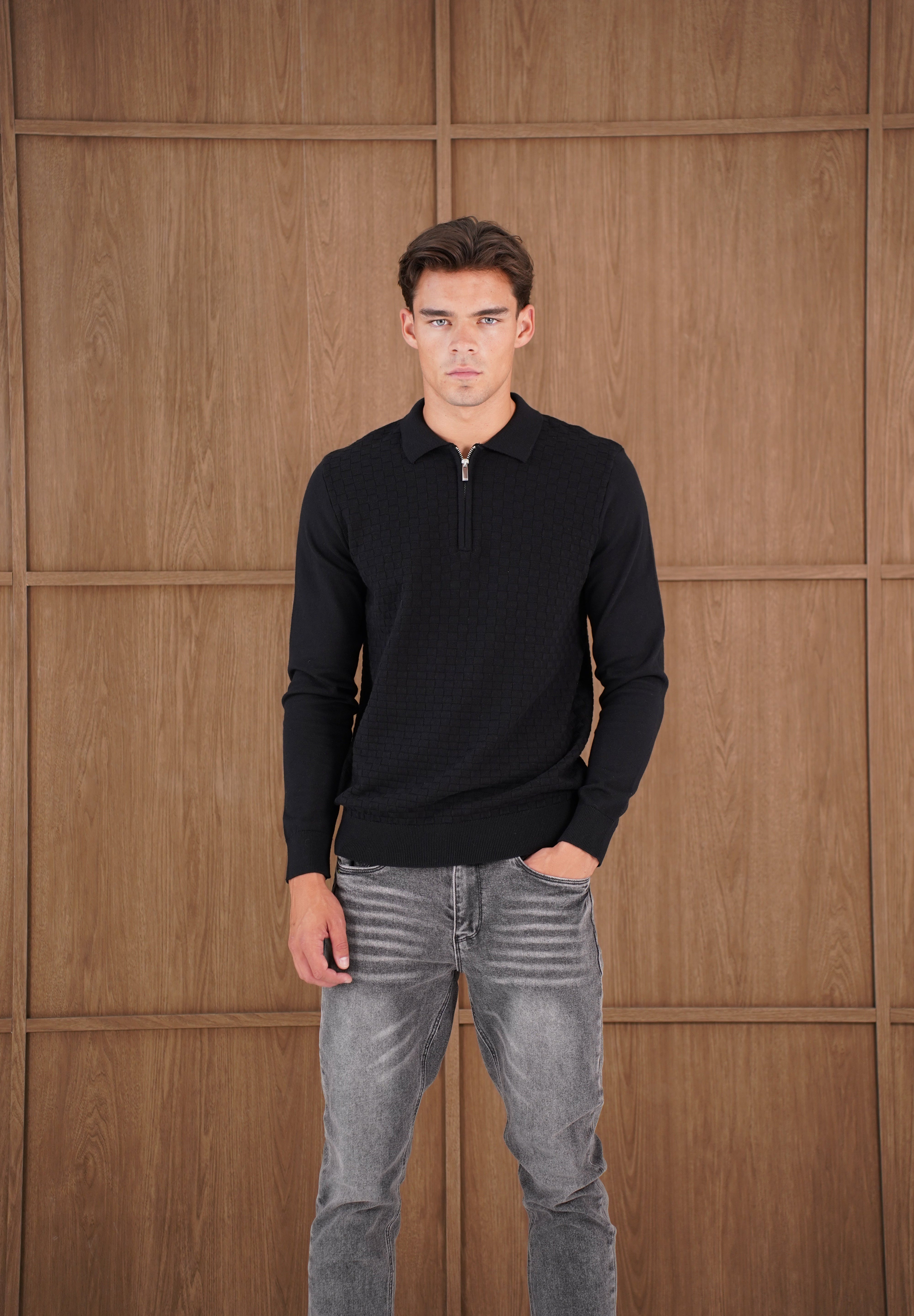 Capo Finn Woven Panel Knit LS Polo Shirt - Black