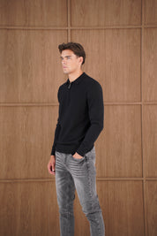 Capo Finn Woven Panel Knit LS Polo Shirt - Black