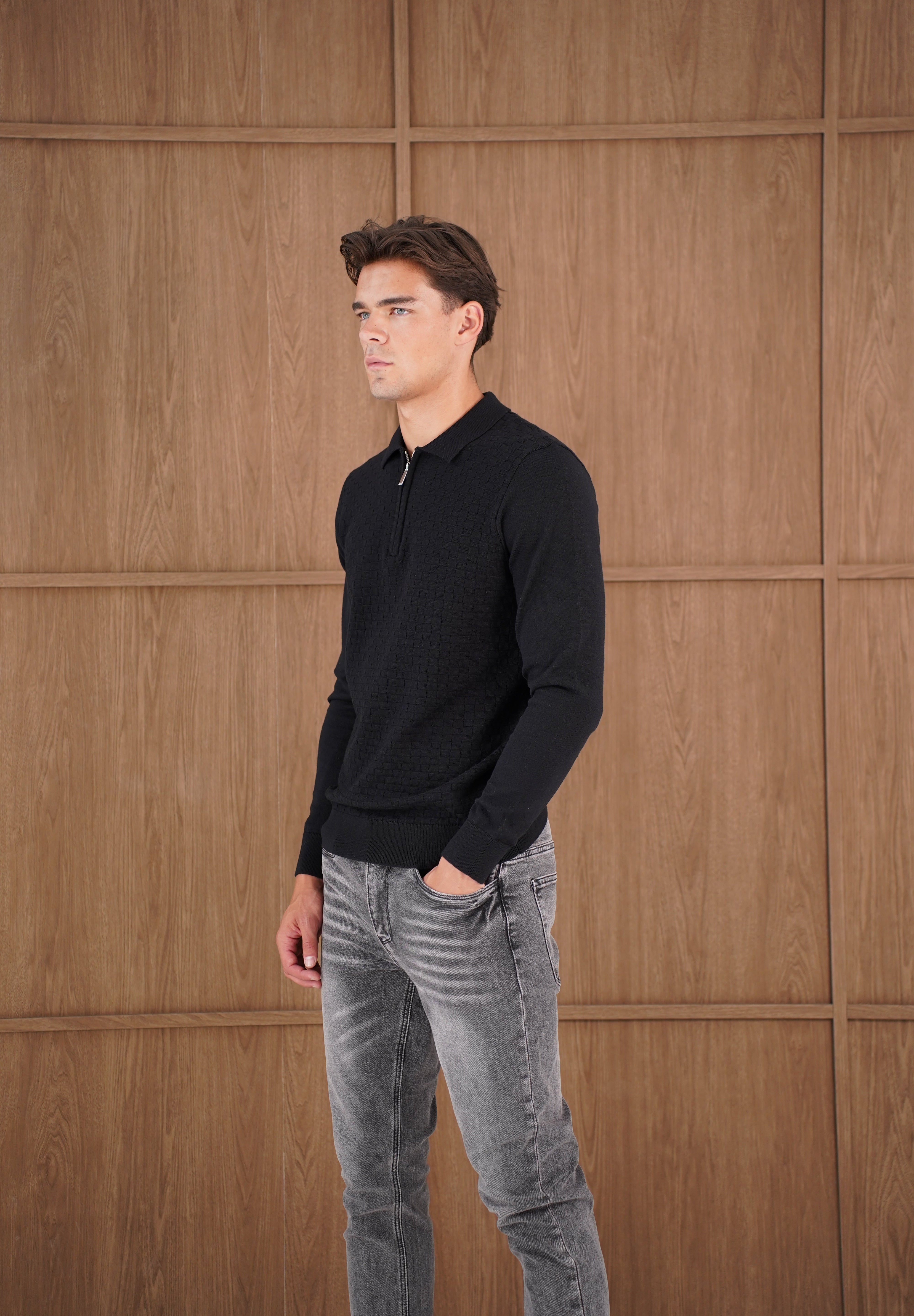 Capo Finn Woven Panel Knit LS Polo Shirt - Black