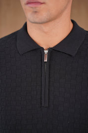 Capo Finn Woven Panel Knit LS Polo Shirt - Black