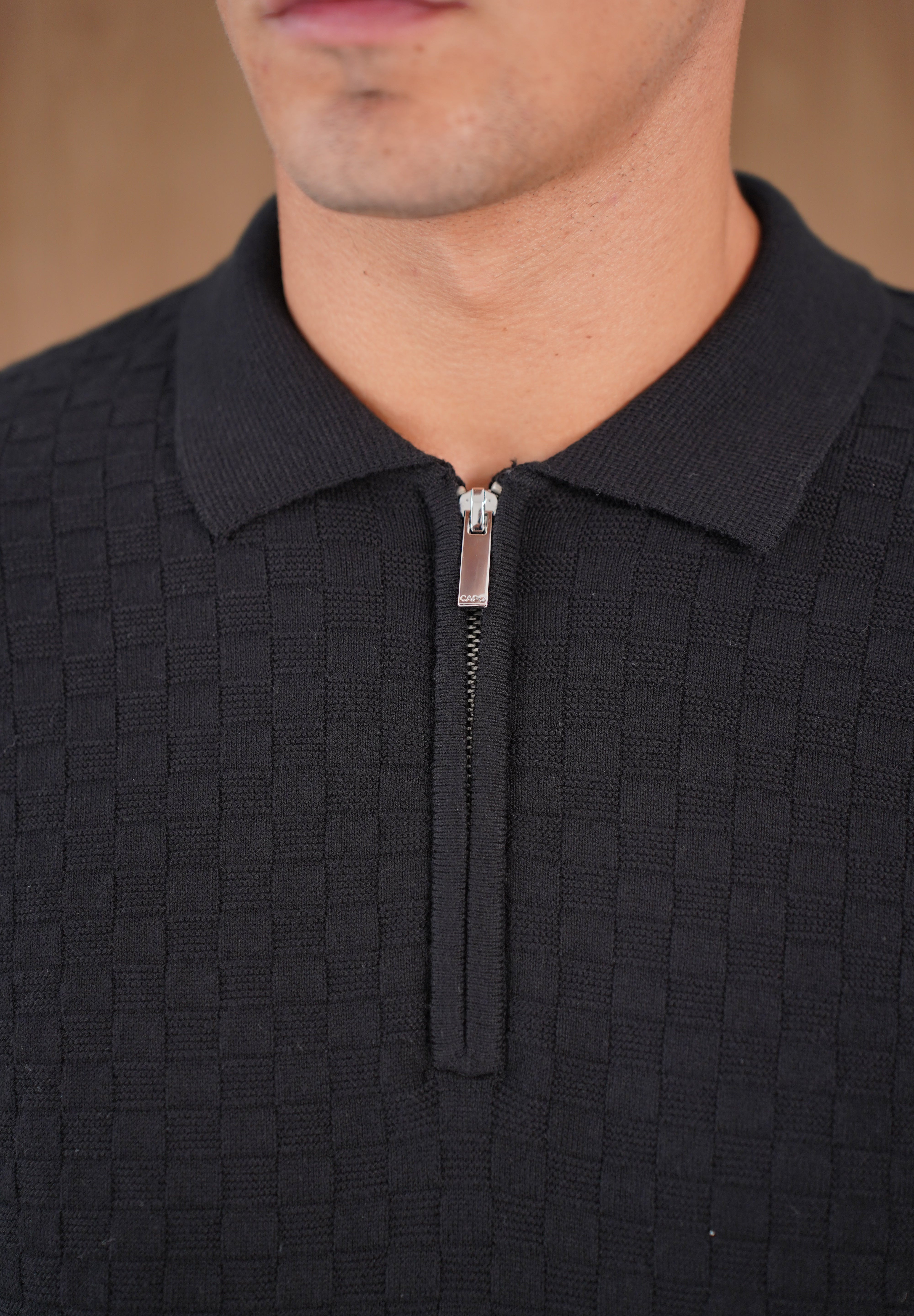 Capo Finn Woven Panel Knit LS Polo Shirt - Black