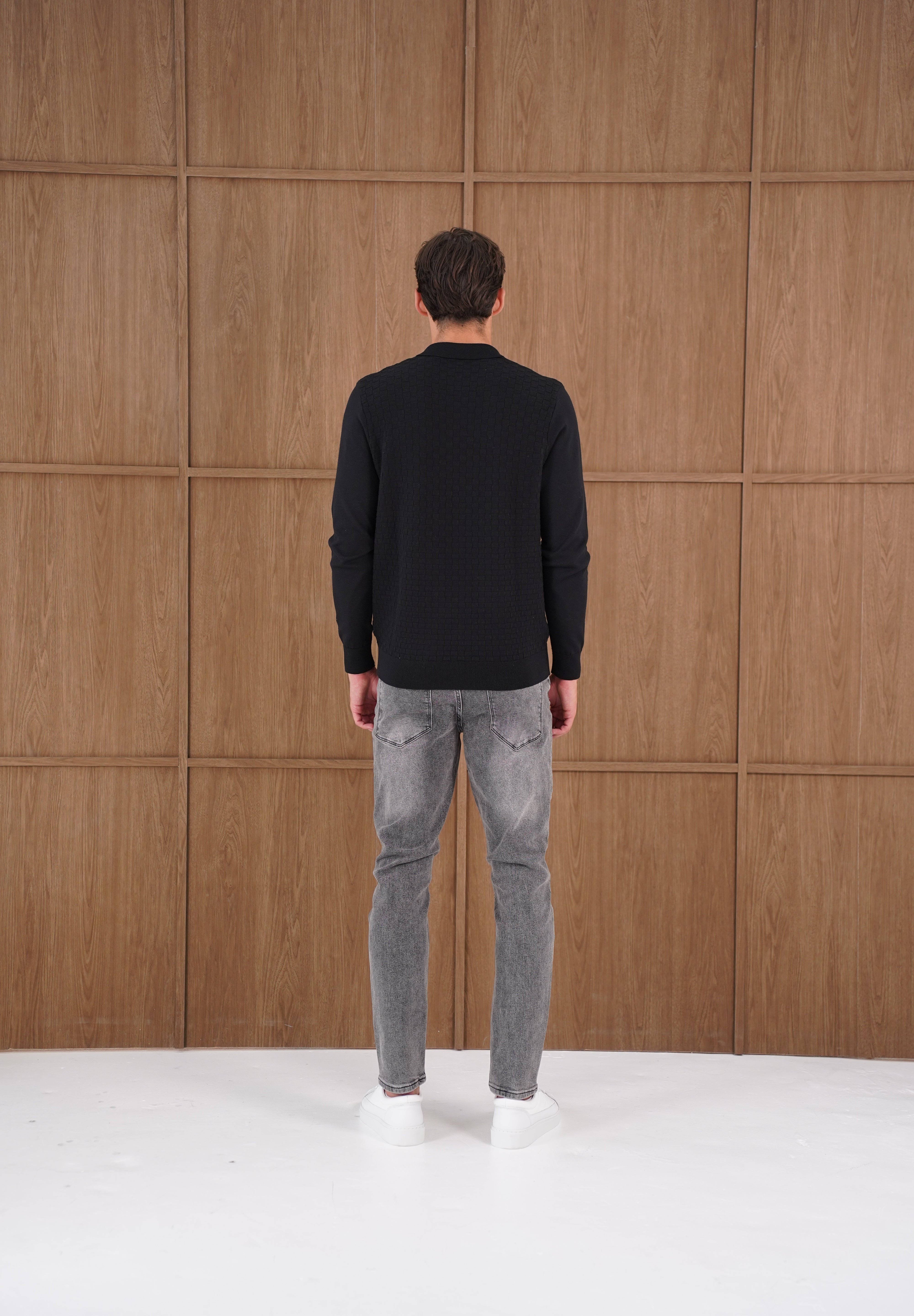 Capo Finn Woven Panel Knit LS Polo Shirt - Black