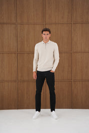 Capo Finn Woven Panel Knit LS Polo Shirt - Stone