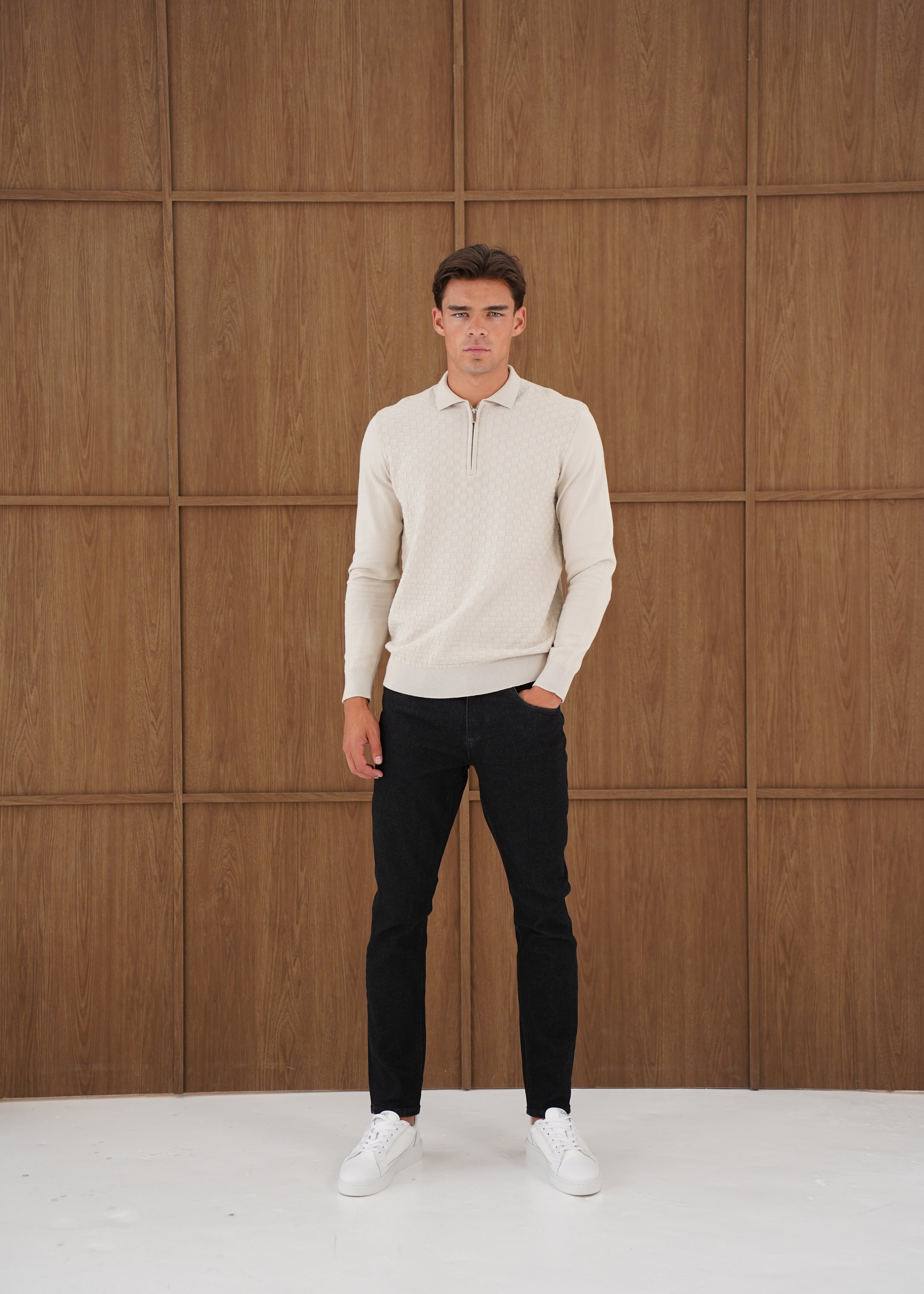 Capo Finn Woven Panel Knit LS Polo Shirt - Stone
