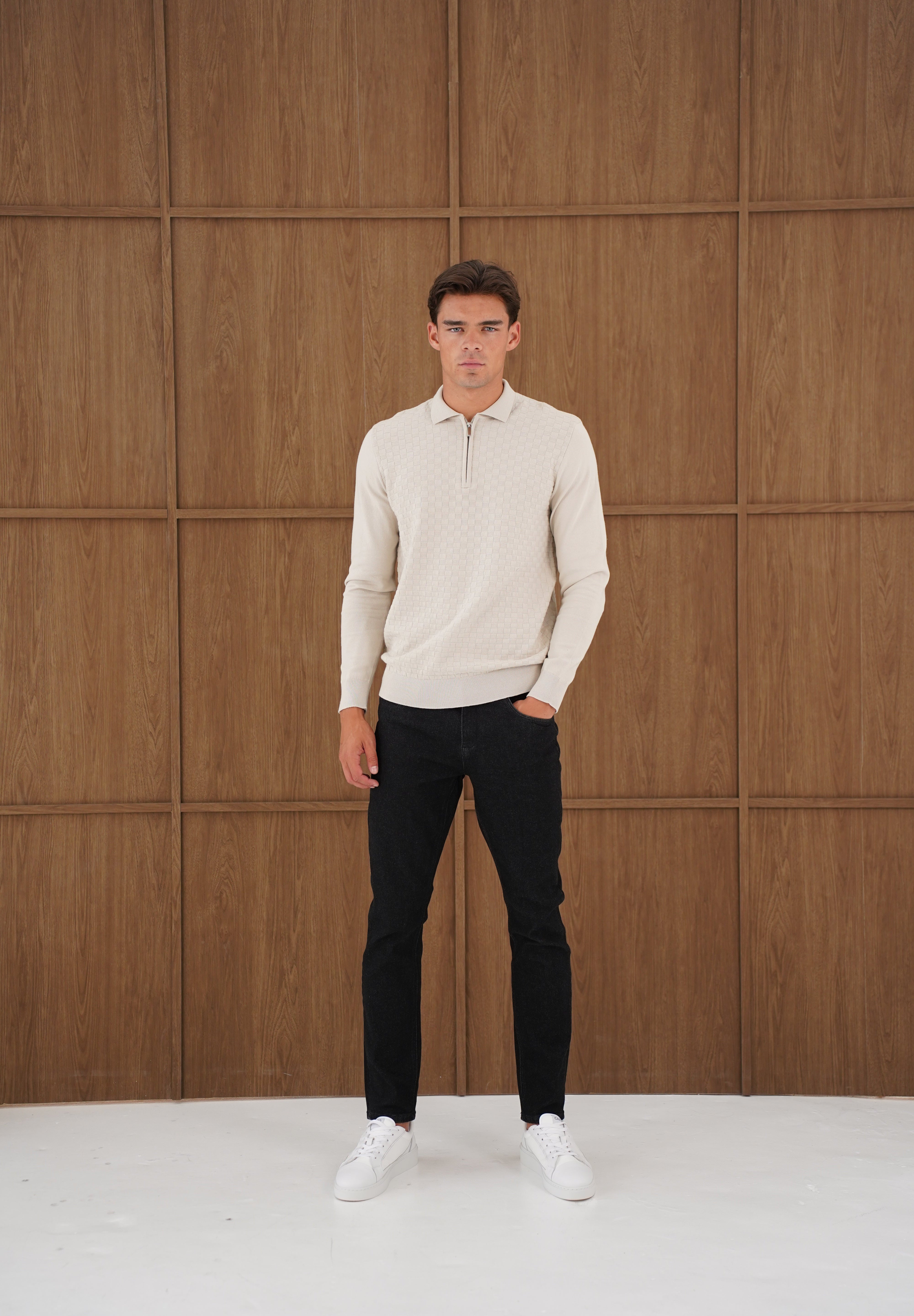 Capo Finn Woven Panel Knit LS Polo Shirt - Stone