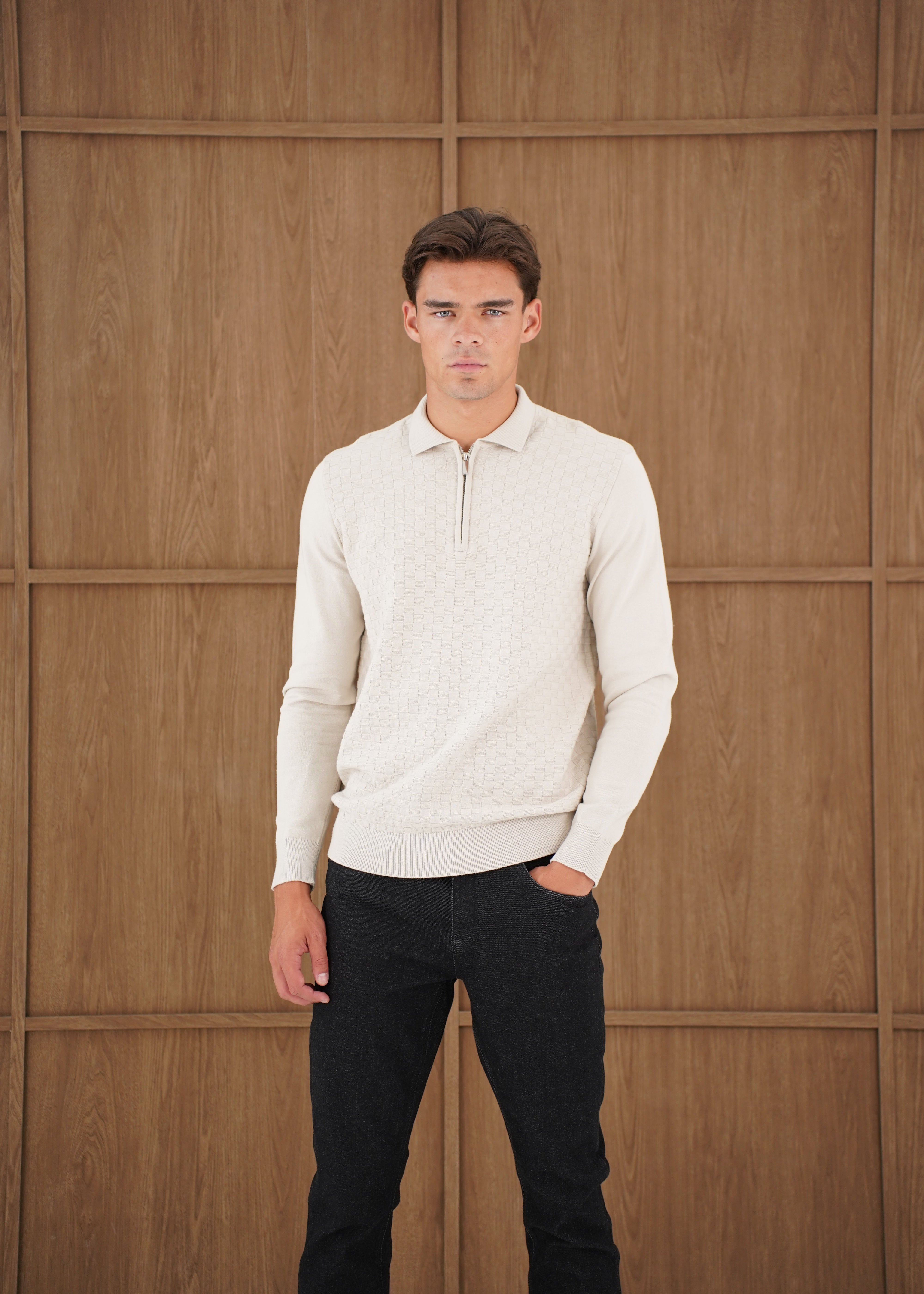 Capo Finn Woven Panel Knit LS Polo Shirt - Stone