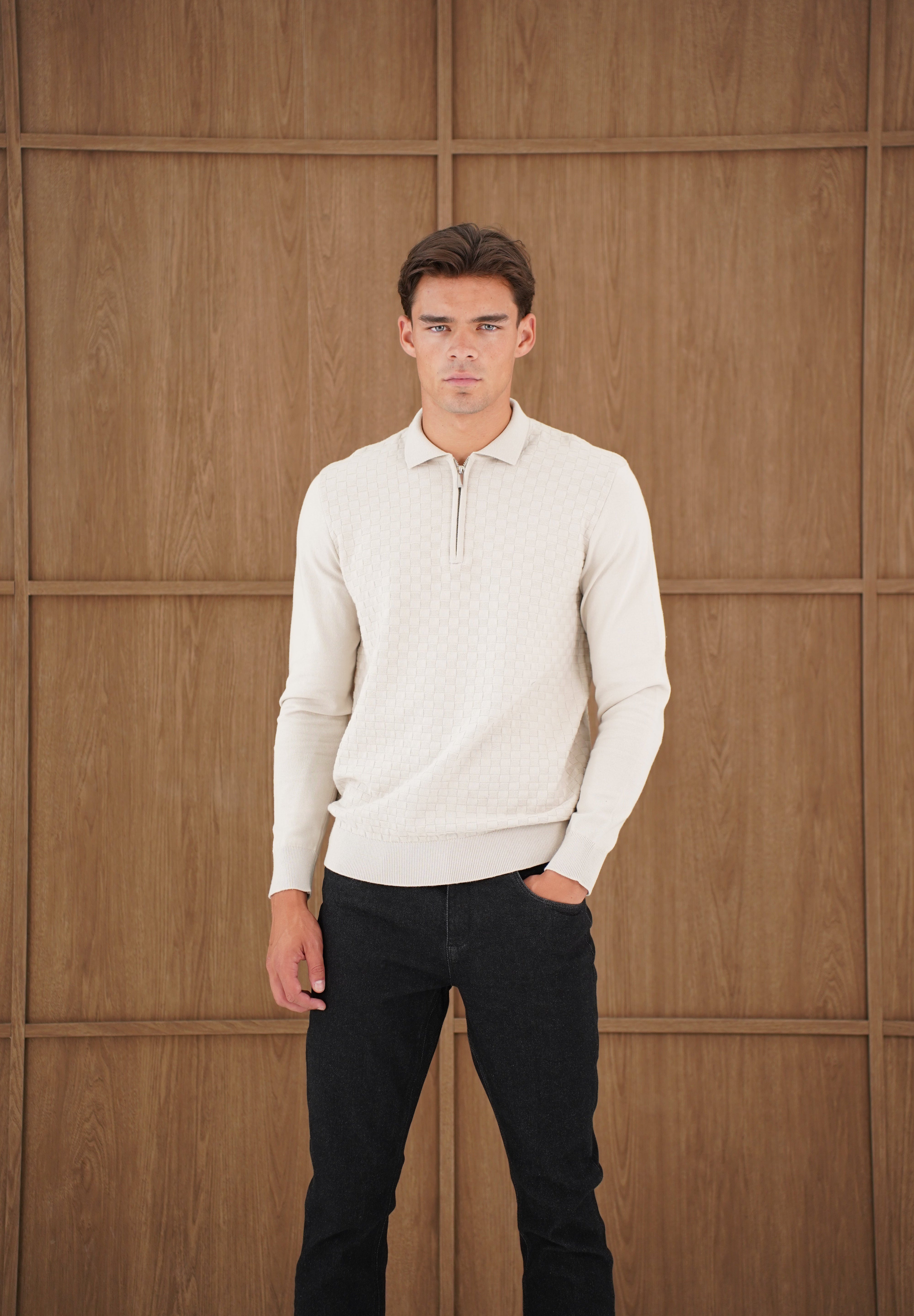 Capo Finn Woven Panel Knit LS Polo Shirt - Stone