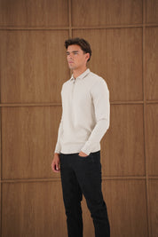 Capo Finn Woven Panel Knit LS Polo Shirt - Stone