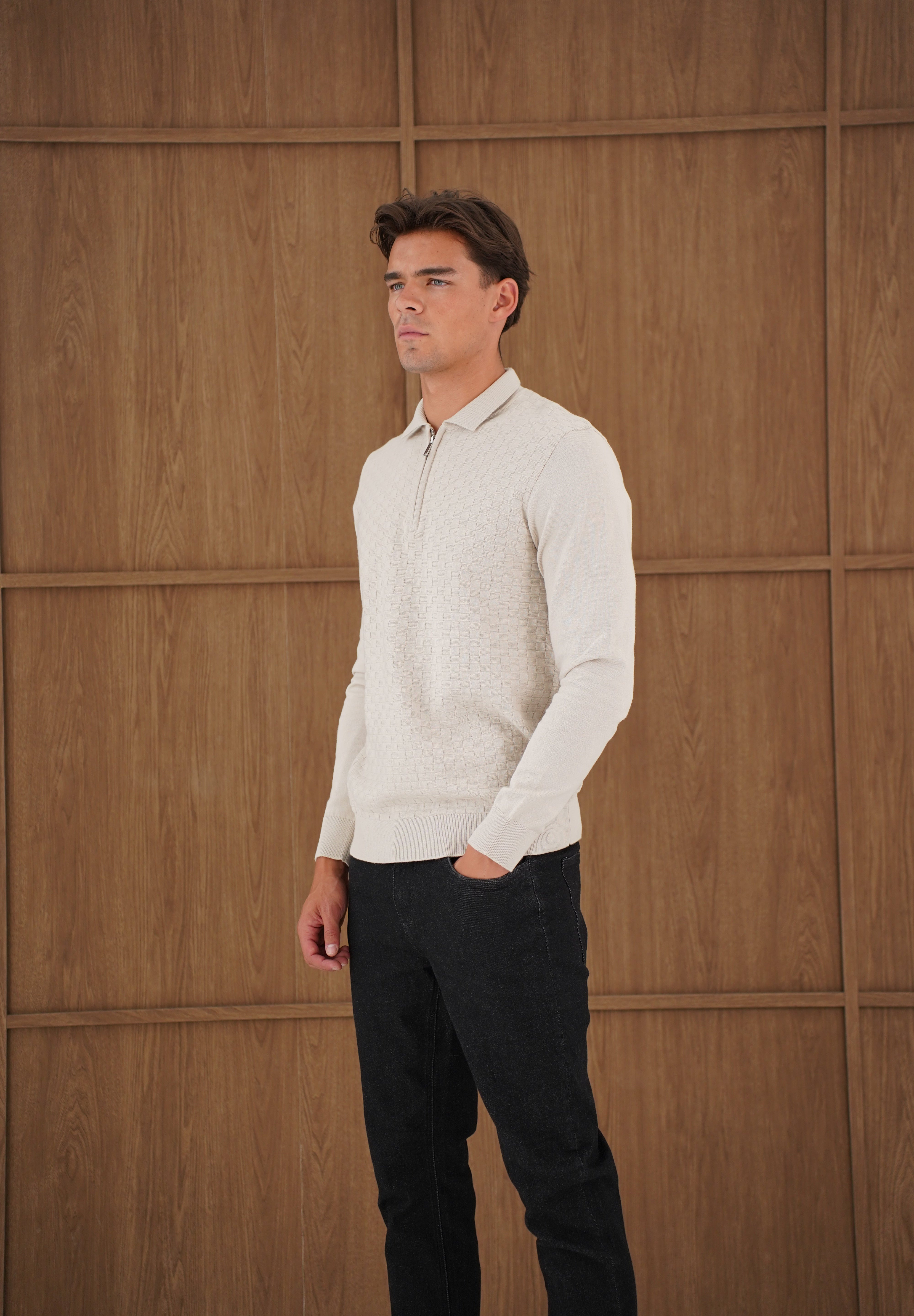 Capo Finn Woven Panel Knit LS Polo Shirt - Stone