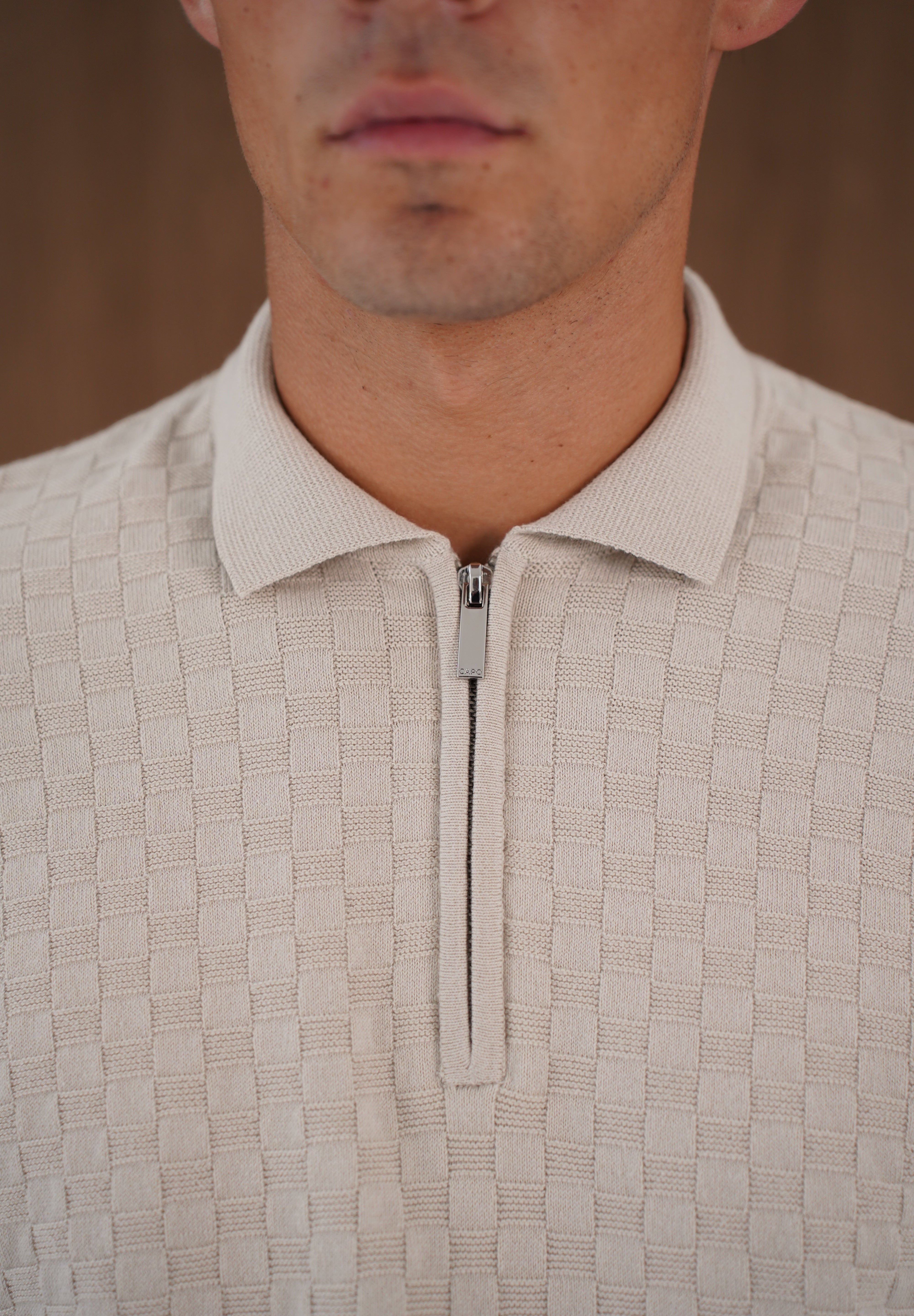 Capo Finn Woven Panel Knit LS Polo Shirt - Stone
