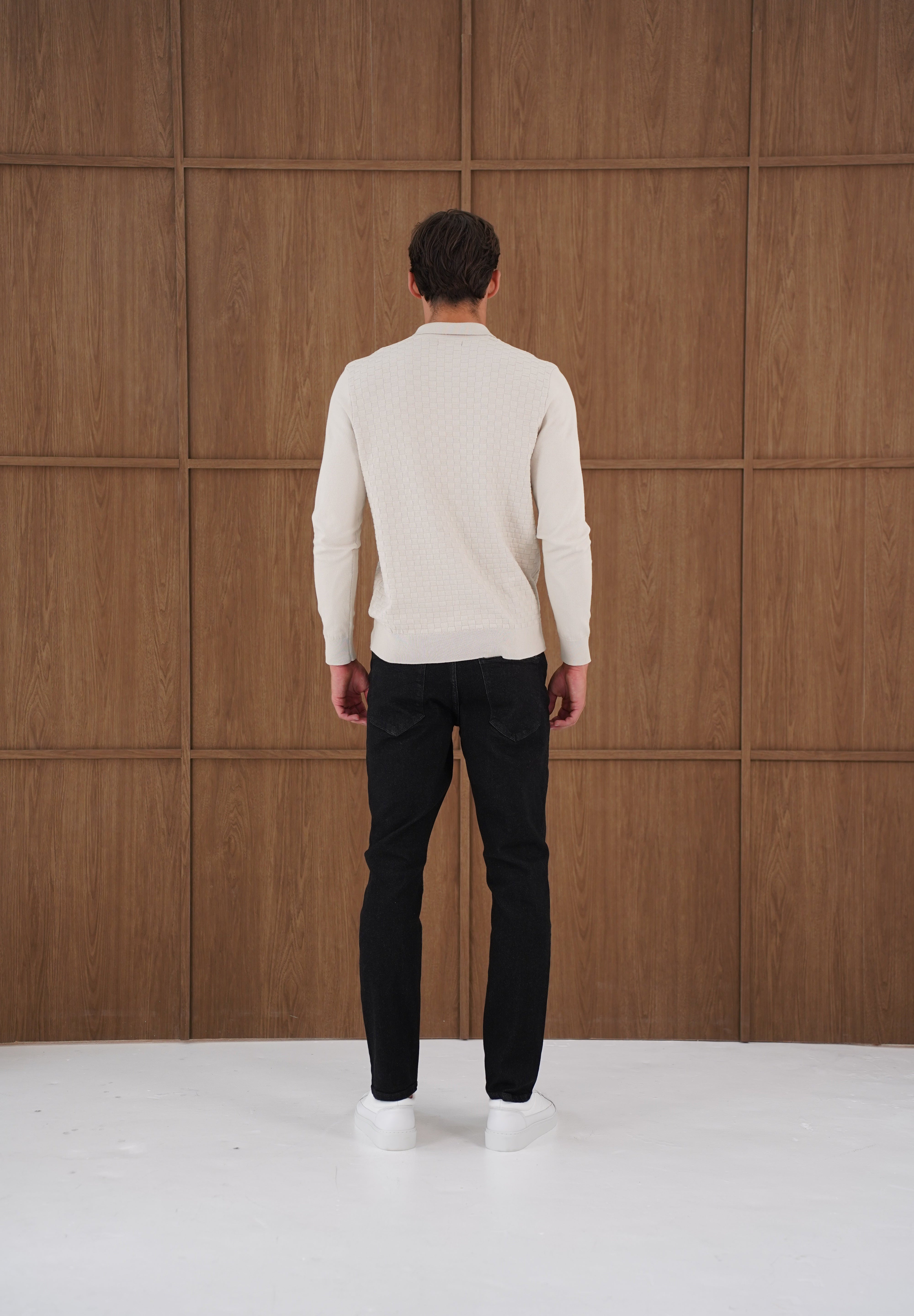 Capo Finn Woven Panel Knit LS Polo Shirt - Stone