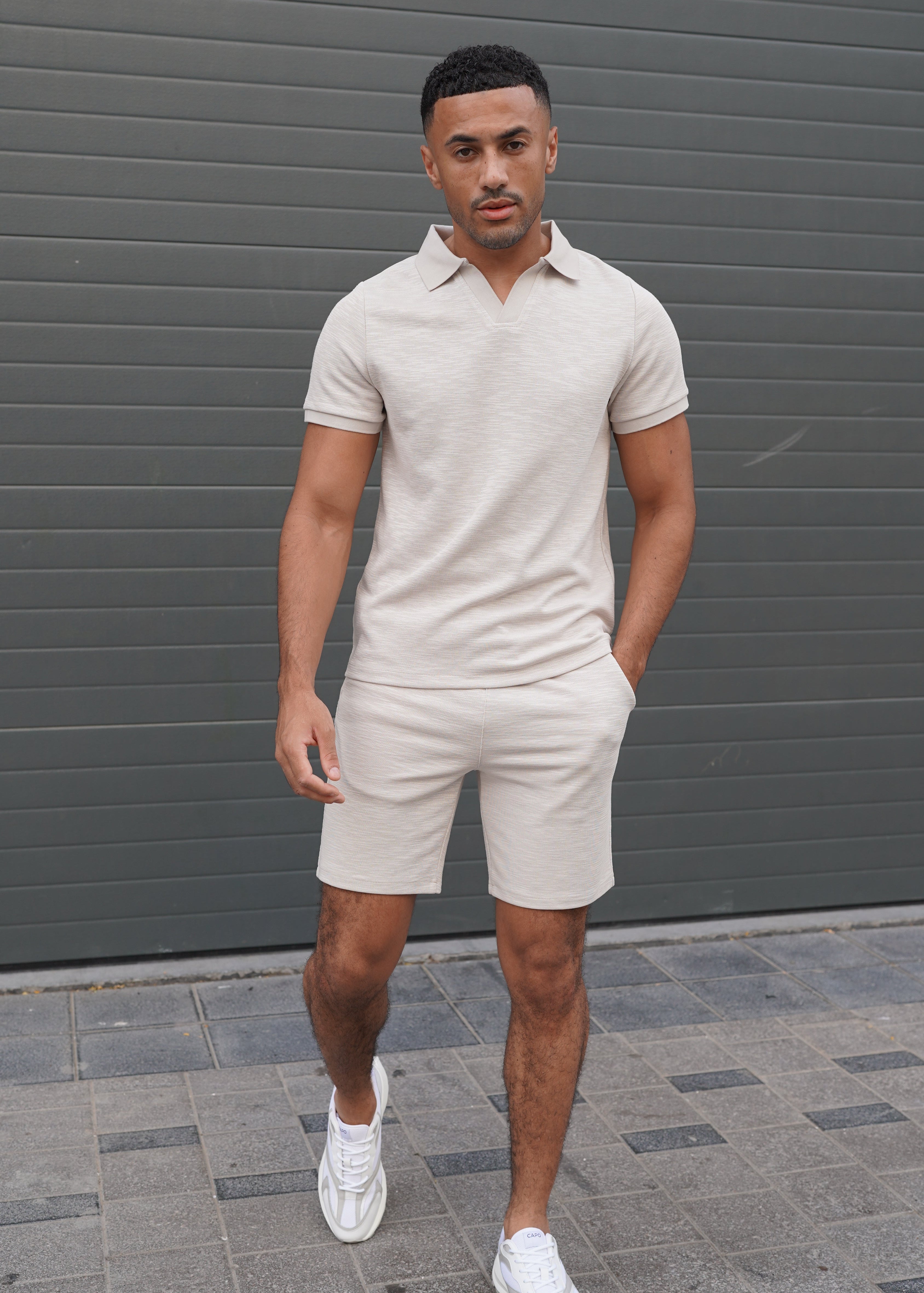 Capo Jersey Slub Cuban Polo Shirt - Stone Grey