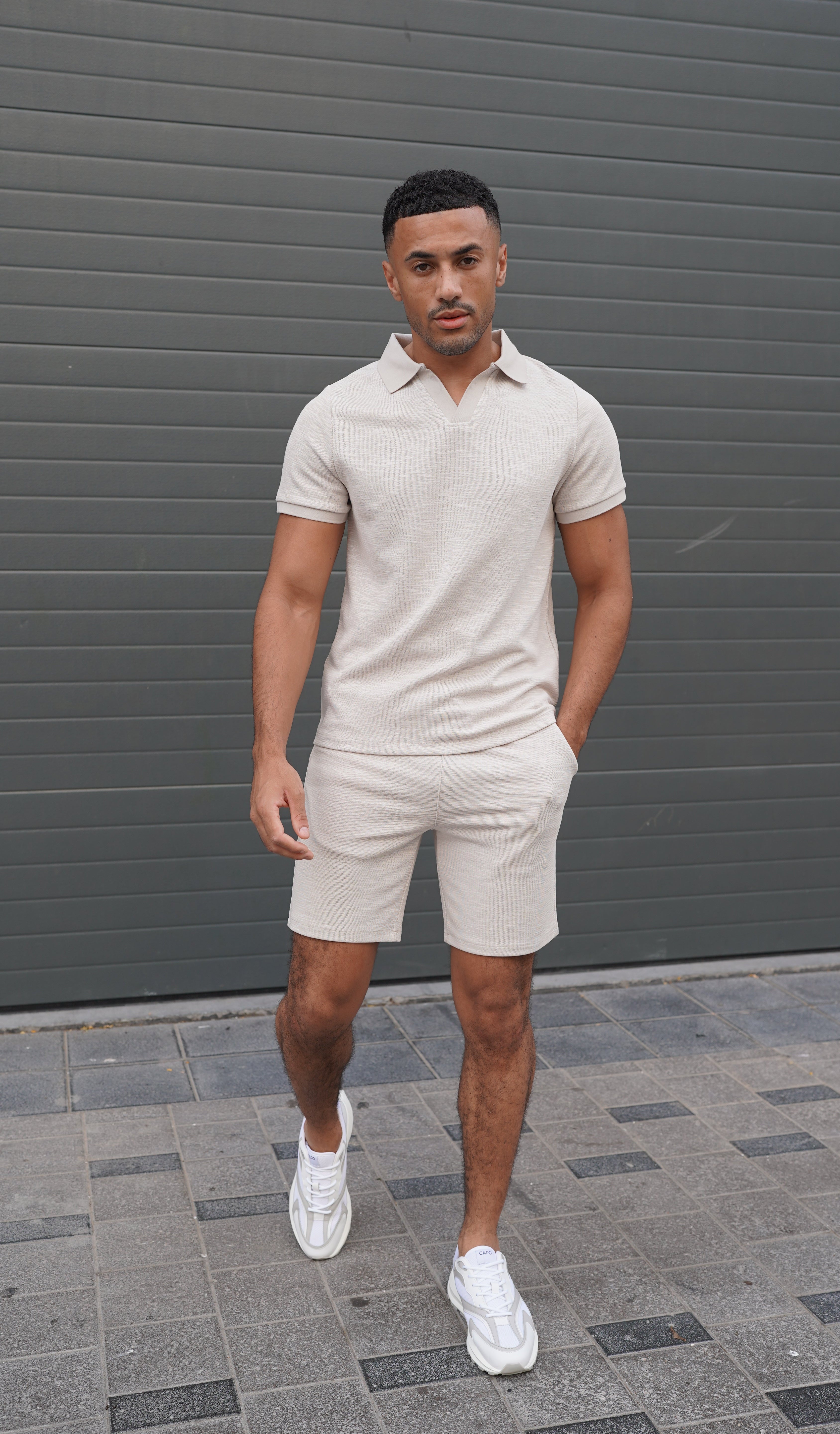 Capo Jersey Slub Cuban Polo Shirt - Stone Grey