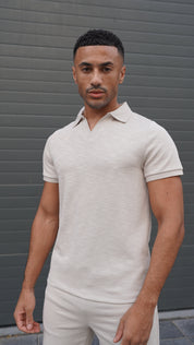 Capo Jersey Slub Cuban Polo Shirt - Stone Grey