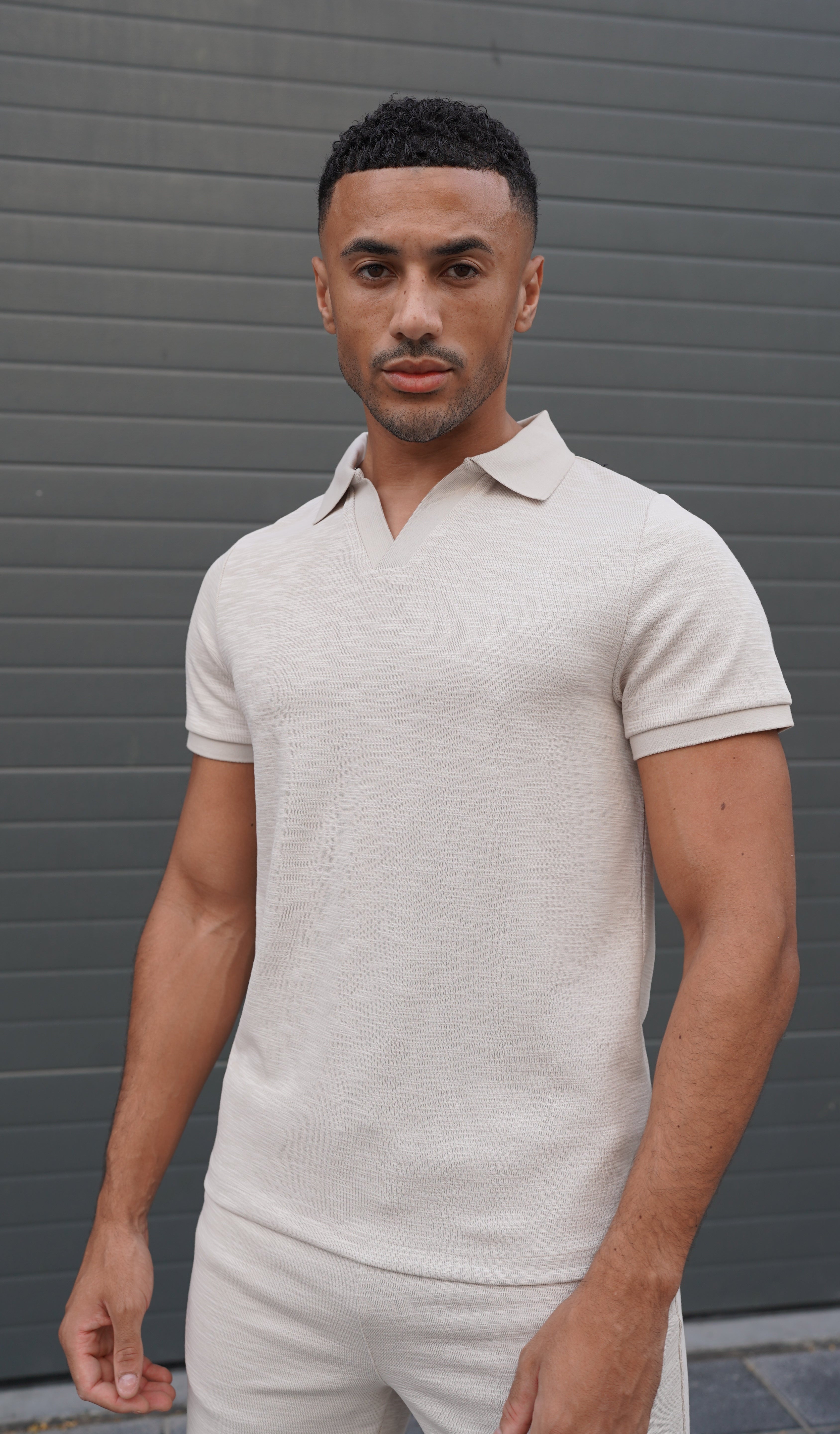 Capo Jersey Slub Cuban Polo Shirt - Stone Grey