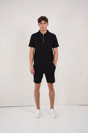 Capo Textured Zip Up Polo Shirt - Black