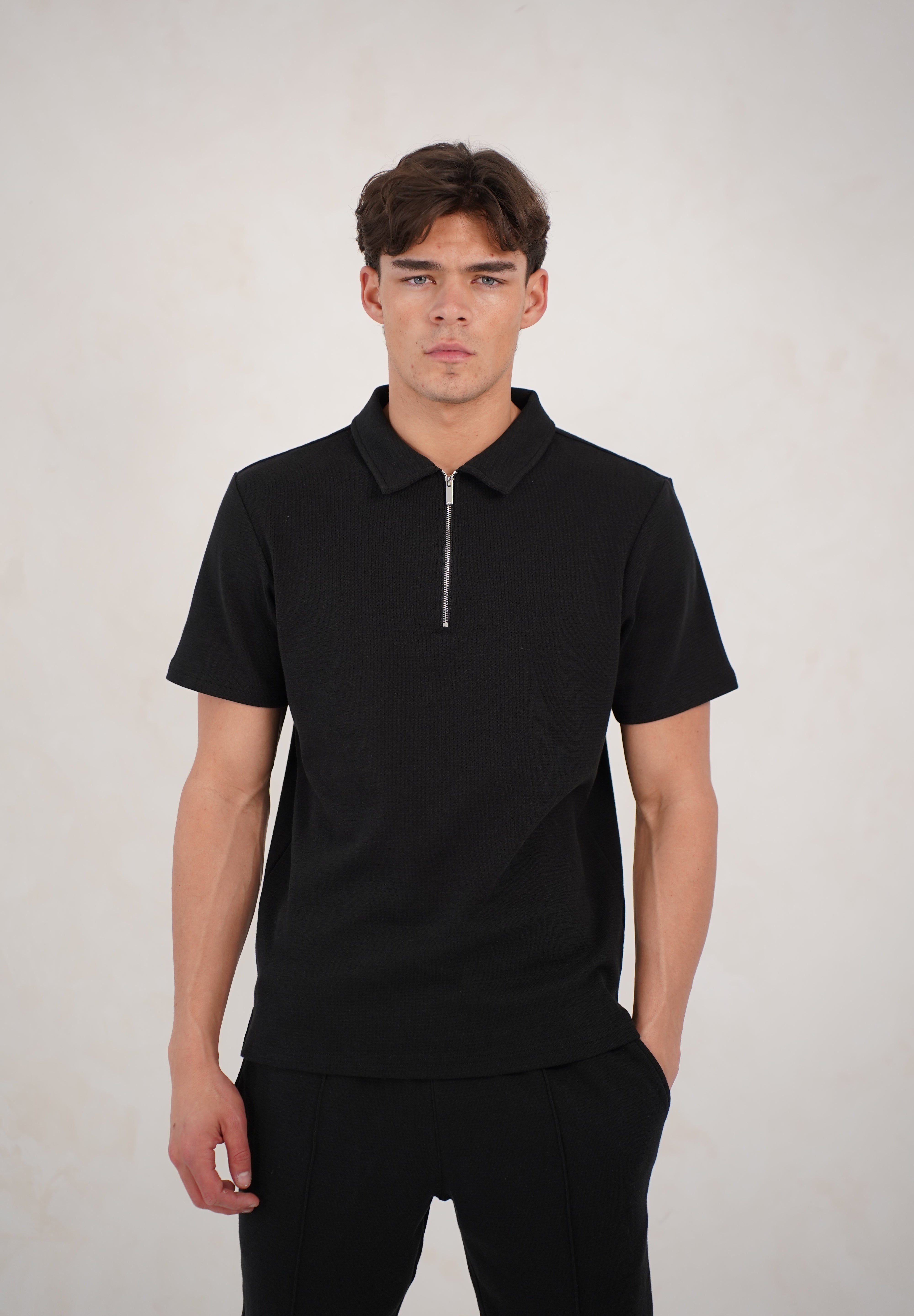 Capo Textured Zip Up Polo Shirt - Black