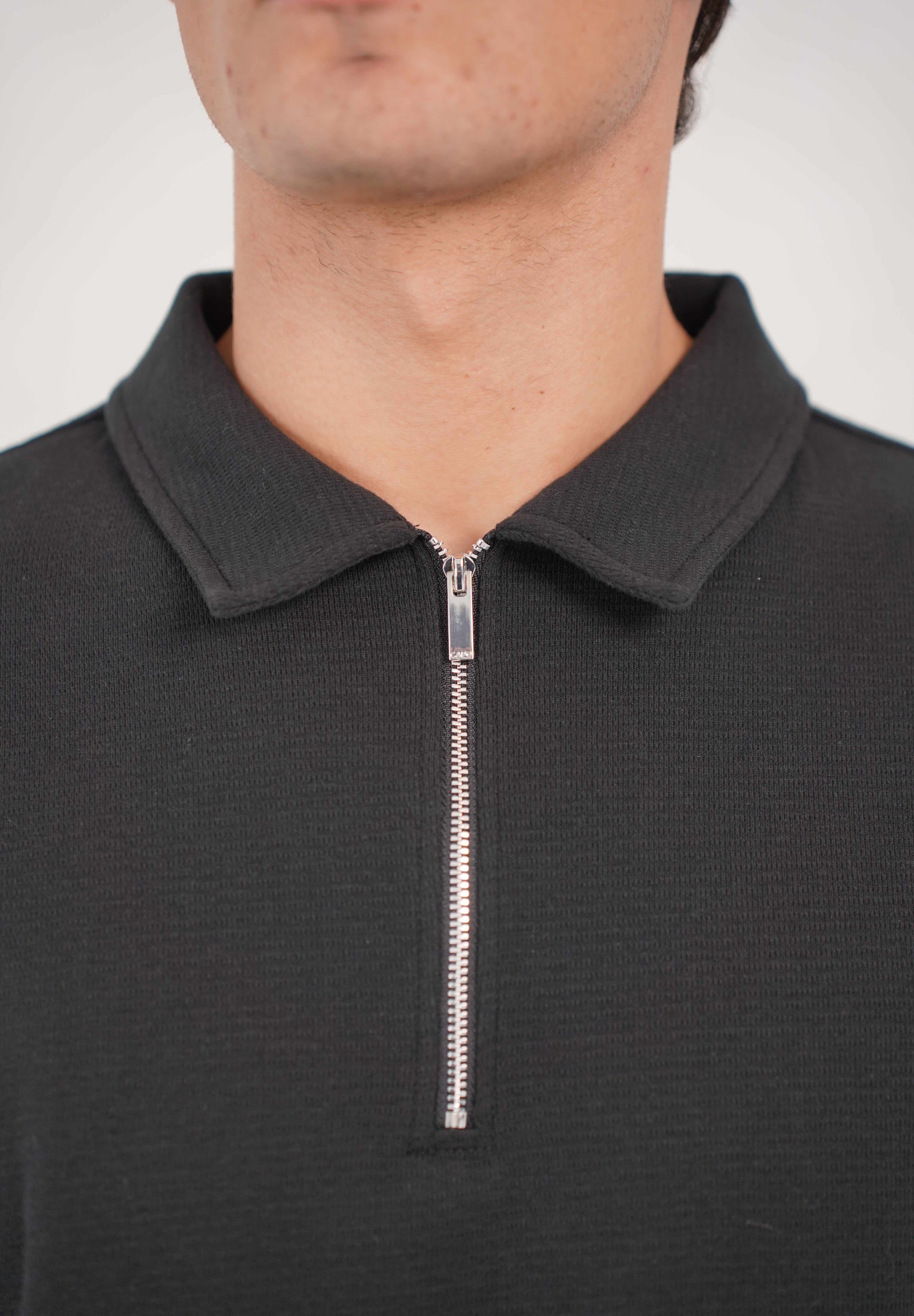 Capo Textured Zip Up Polo Shirt - Black