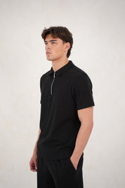Capo Textured Zip Up Polo Shirt - Black