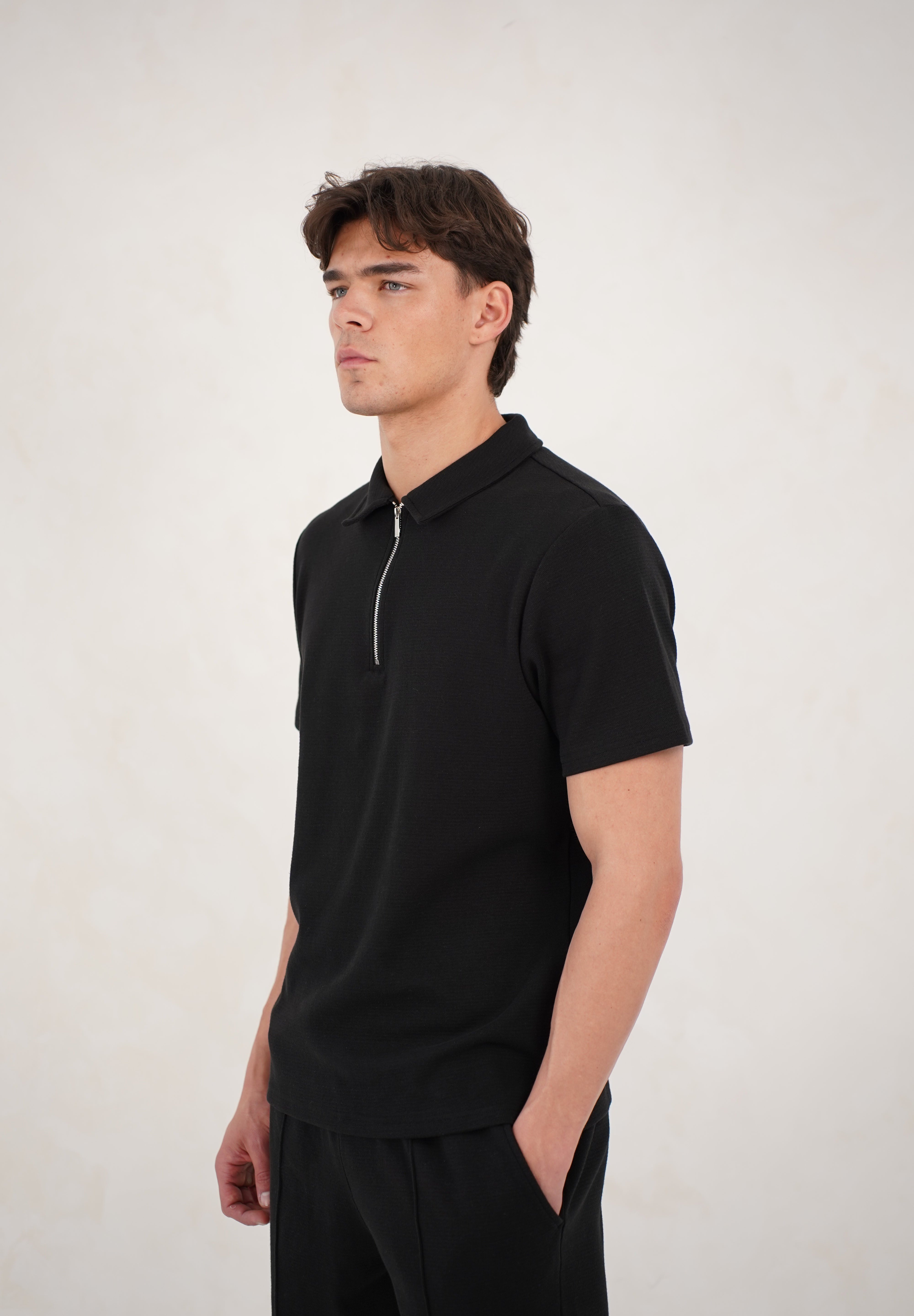 Capo Textured Zip Up Polo Shirt - Black