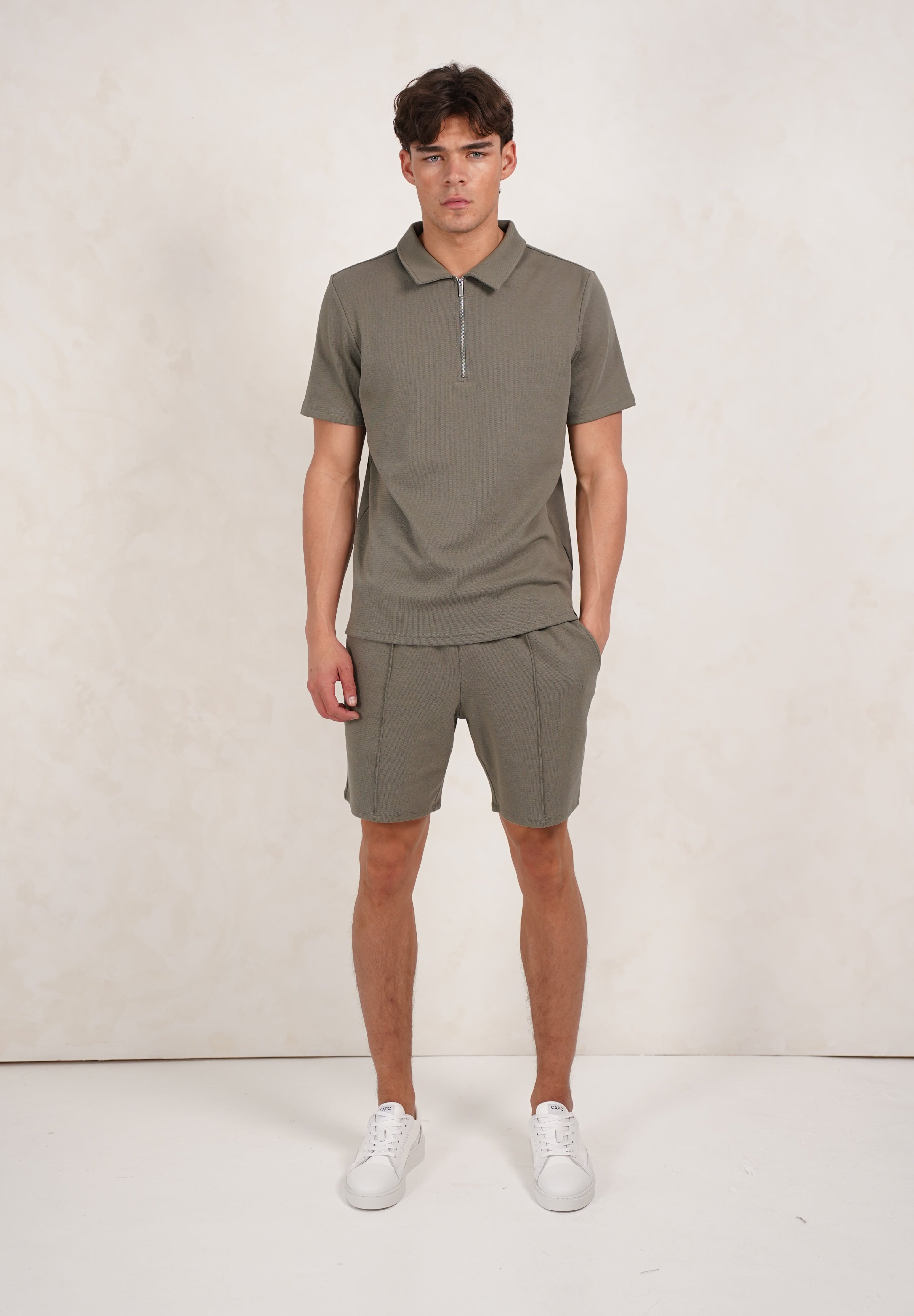 Capo Textured Zip Up Polo Shirt - Light Olive