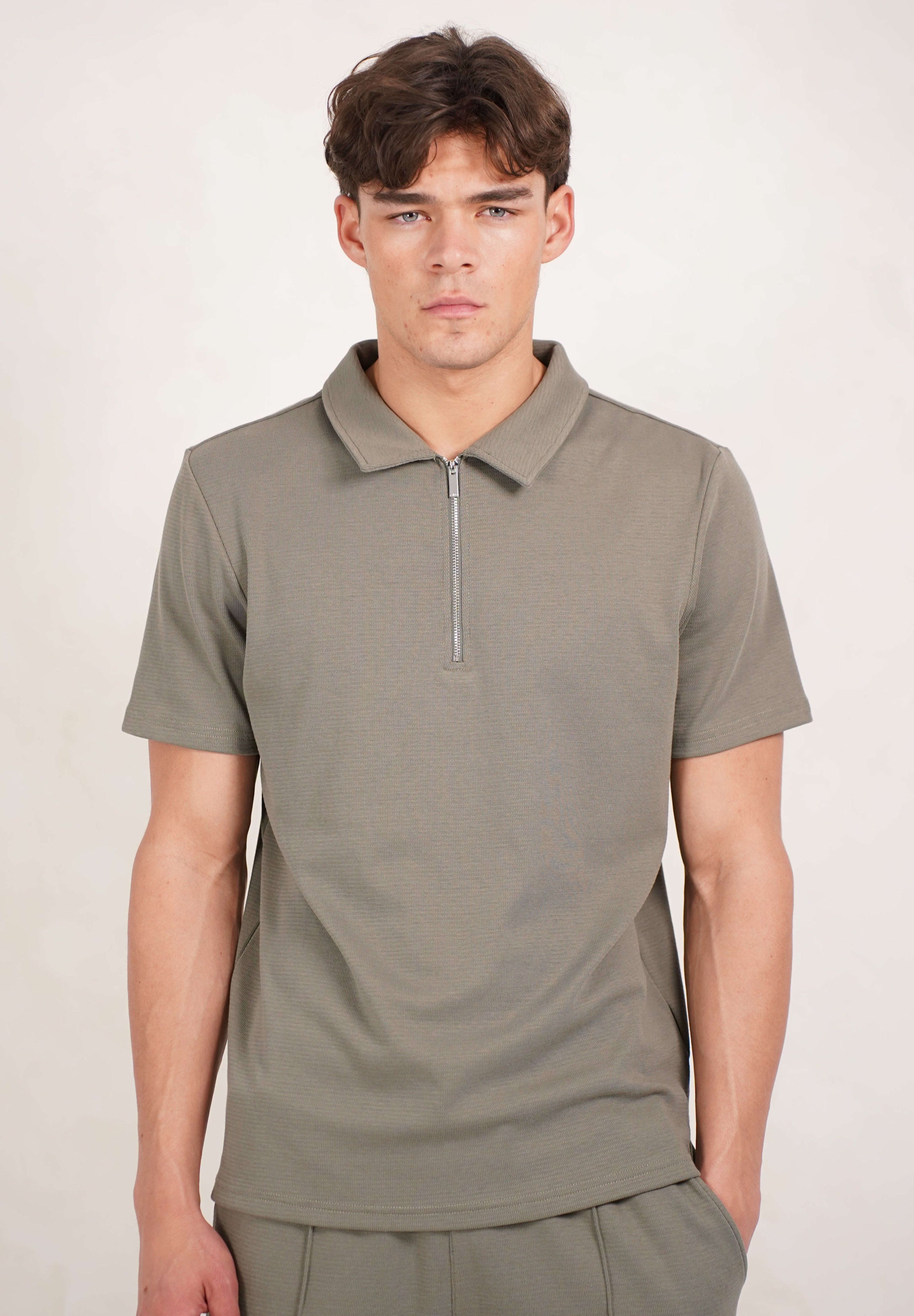 Capo Textured Zip Up Polo Shirt - Light Olive
