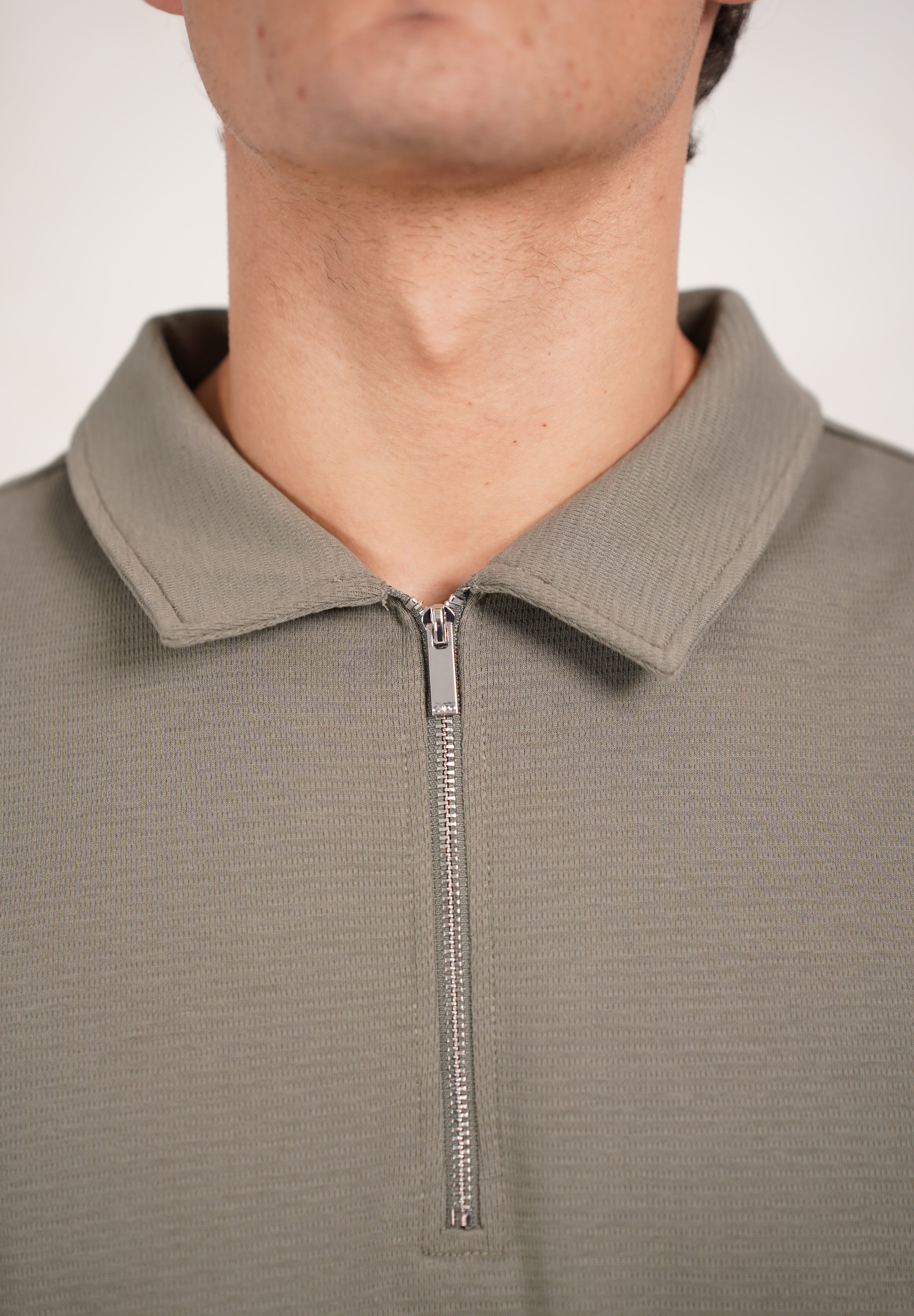 Capo Textured Zip Up Polo Shirt - Light Olive