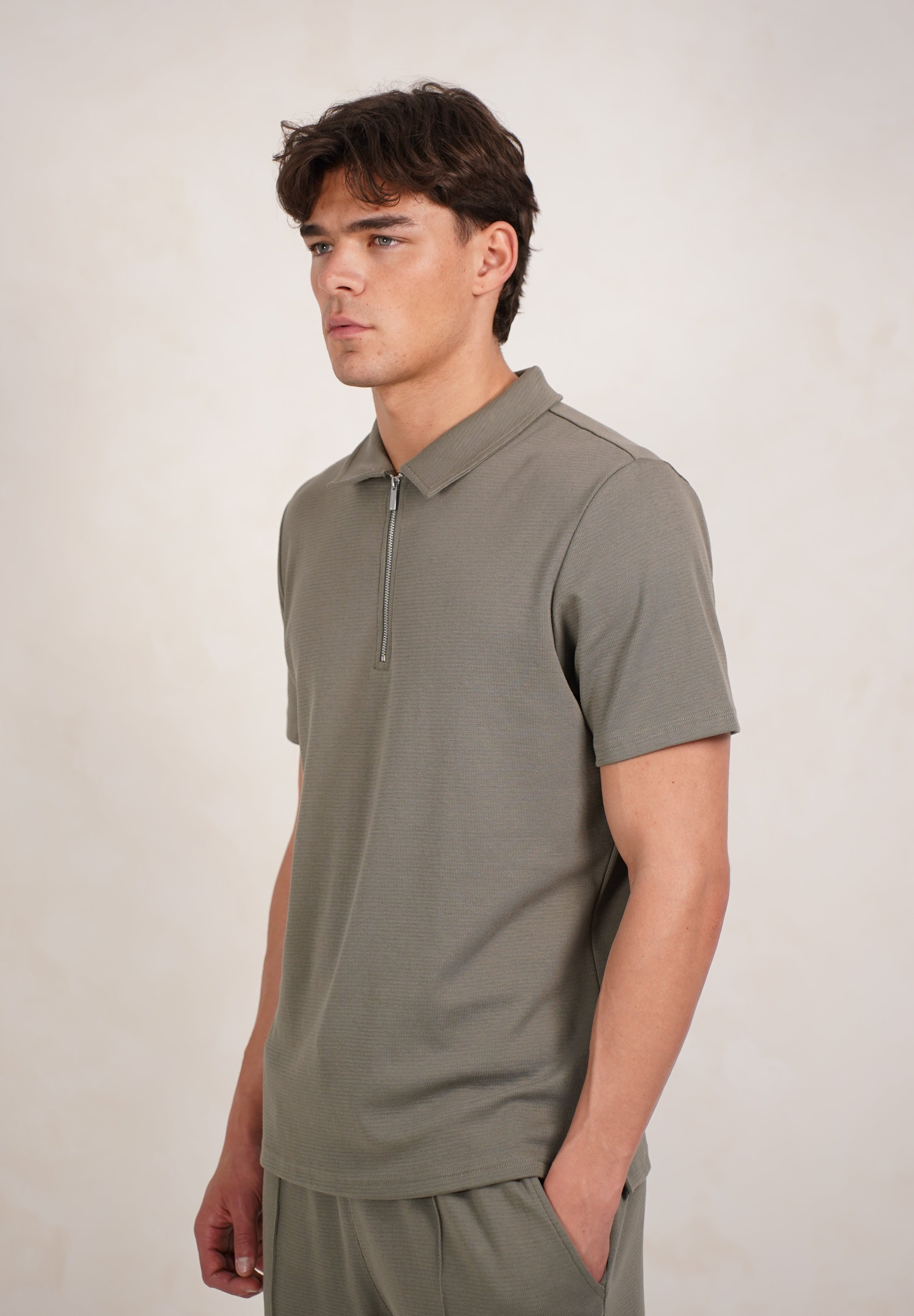 Capo Textured Zip Up Polo Shirt - Light Olive