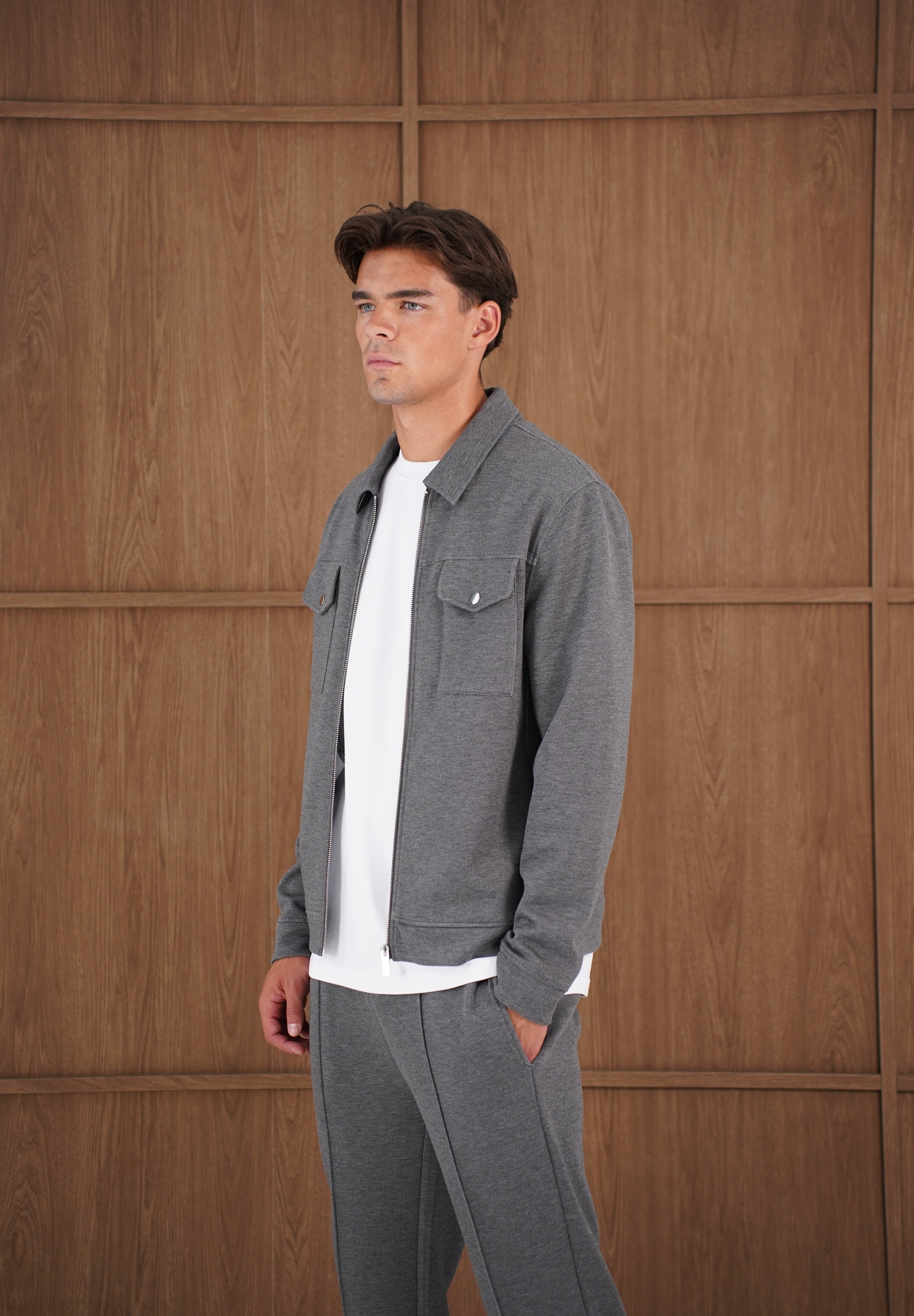 Capo Nick Zip Up Interlock Overshirt - Charcoal
