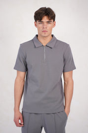 Capo Textured Zip Up Polo Shirt - Grey