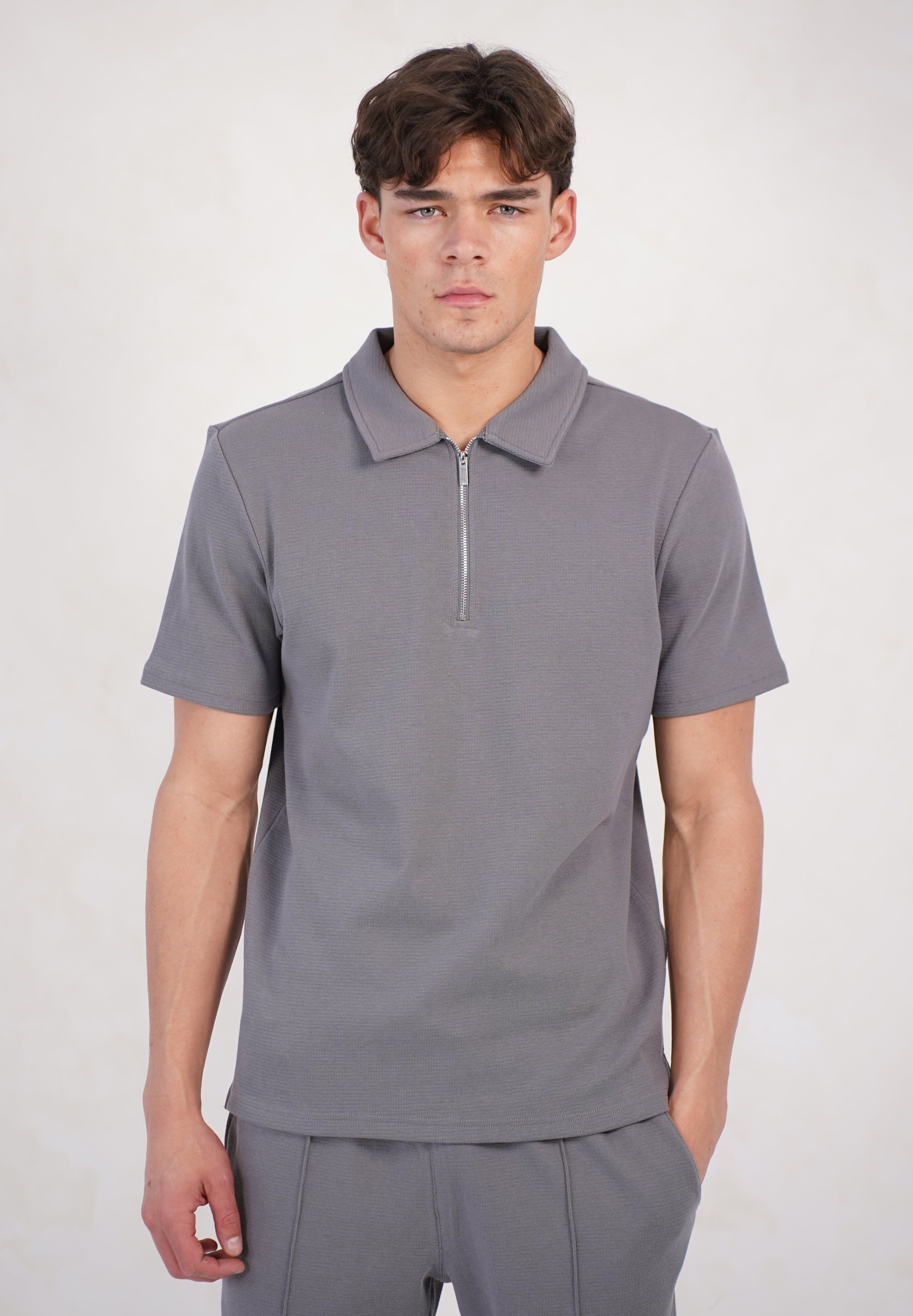 Capo Textured Zip Up Polo Shirt - Grey