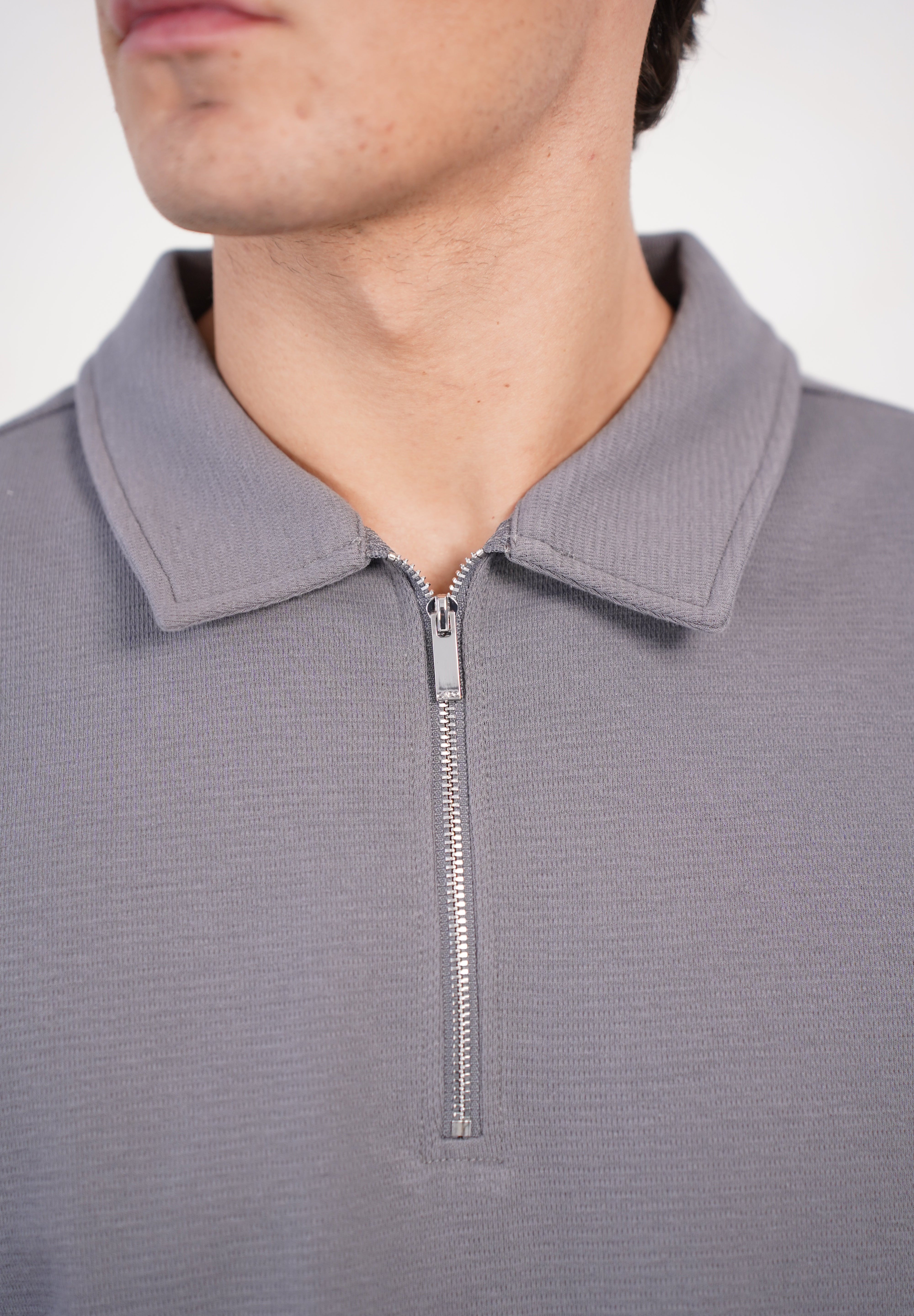 Capo Textured Zip Up Polo Shirt - Grey