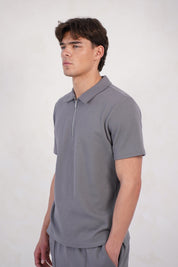 Capo Textured Zip Up Polo Shirt - Grey