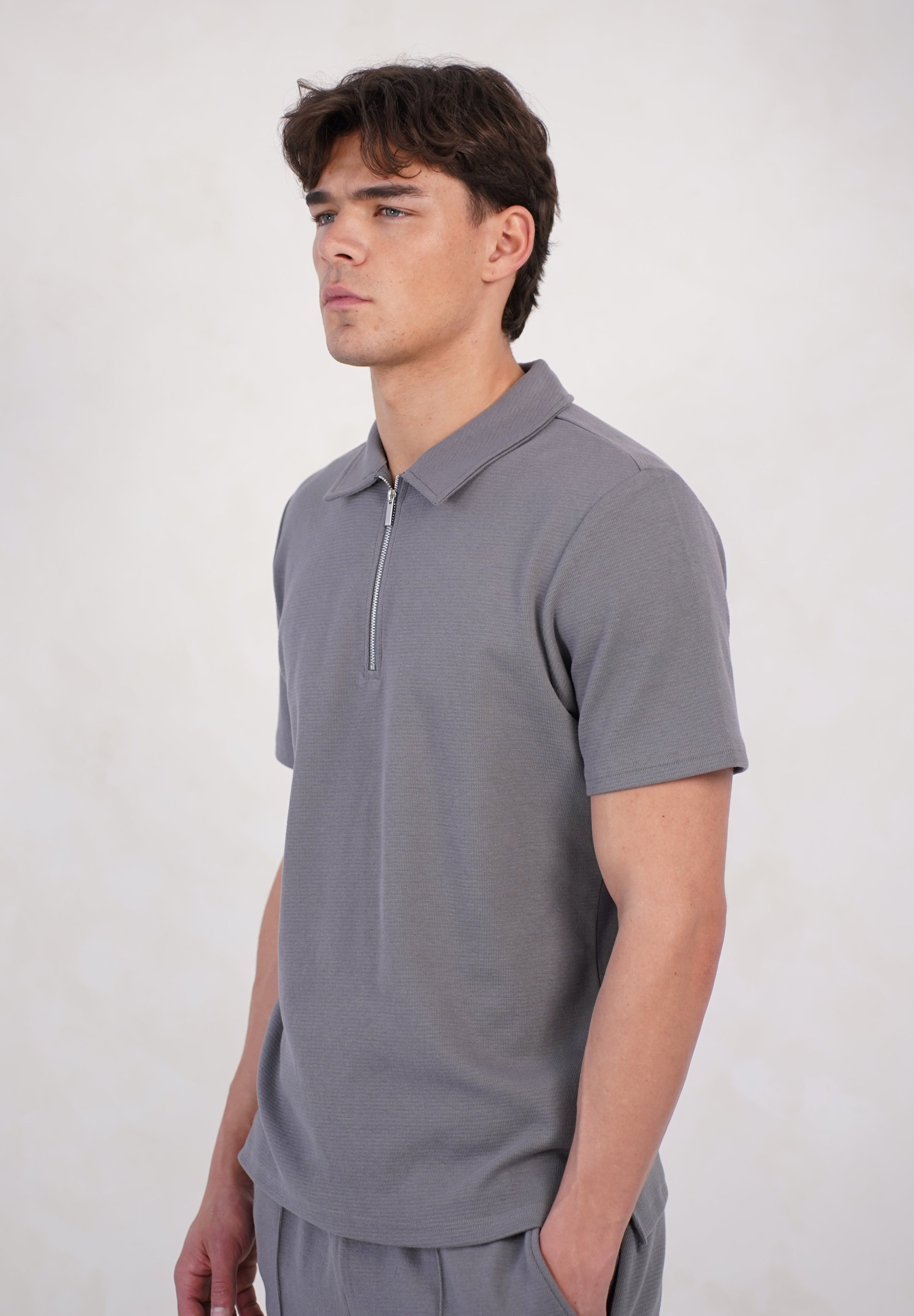 Capo Textured Zip Up Polo Shirt - Grey