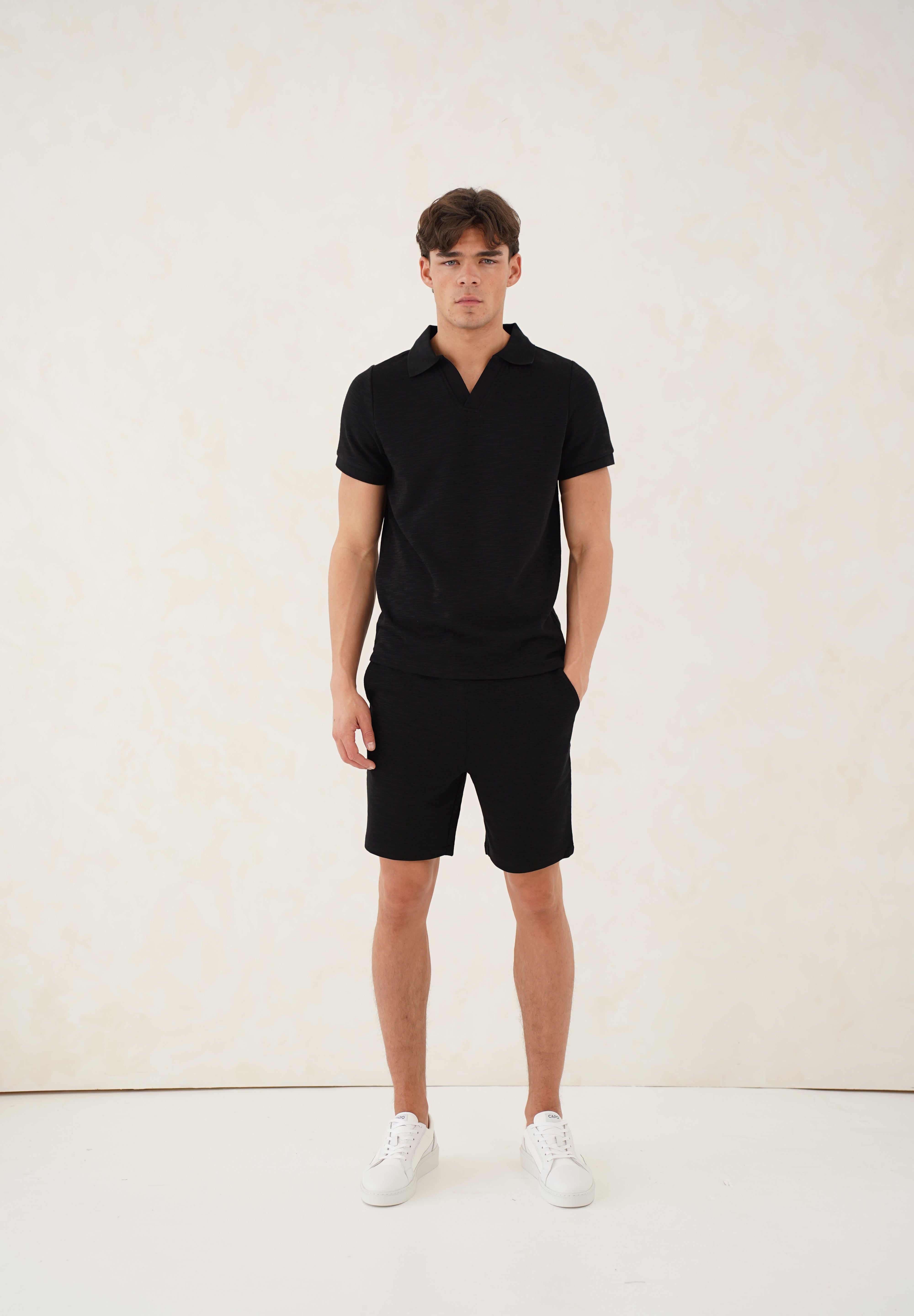 Capo Jersey Slub Cuban Polo Shirt - Black