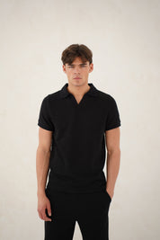 Capo Jersey Slub Cuban Polo Shirt - Black
