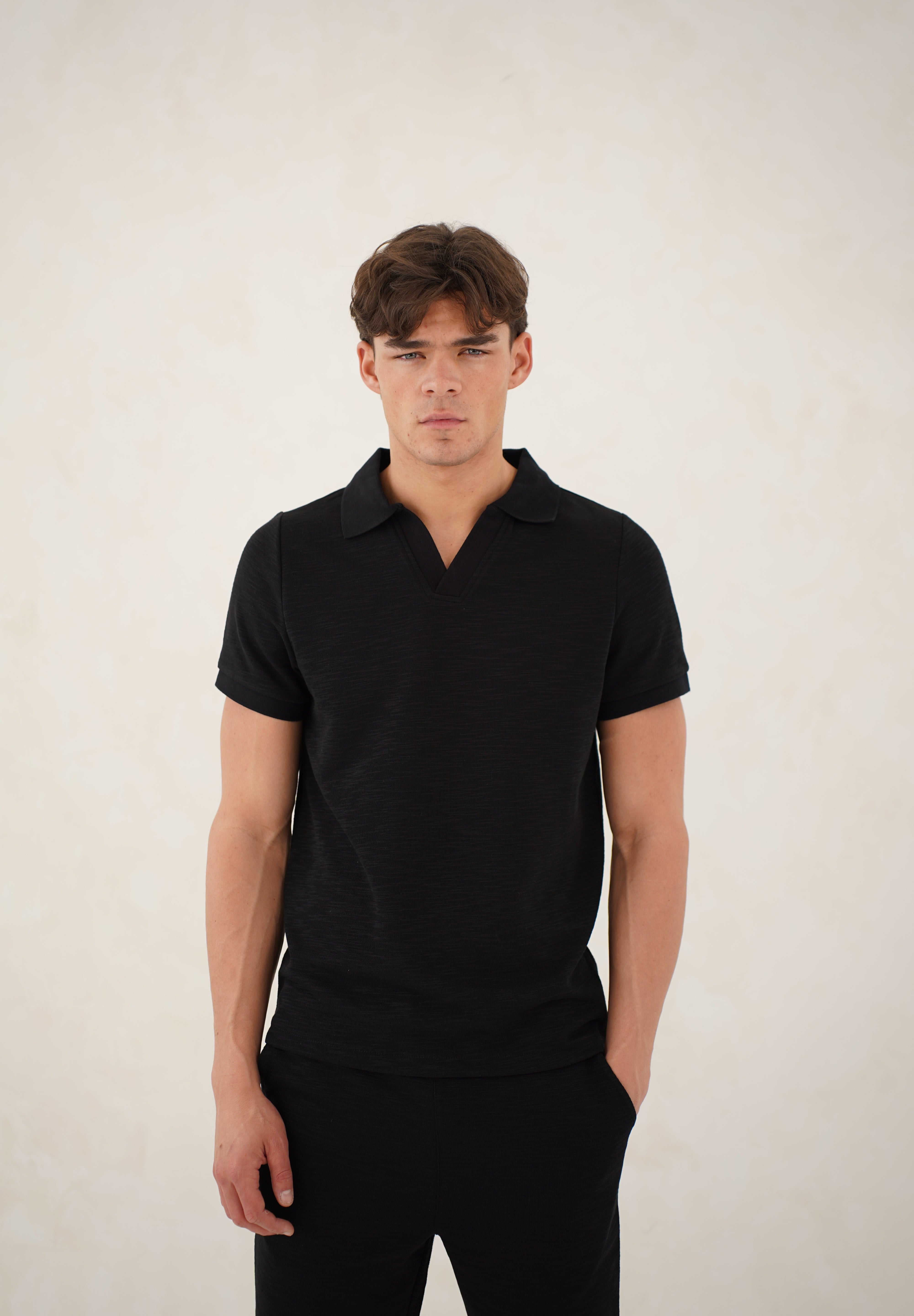 Capo Jersey Slub Cuban Polo Shirt - Black