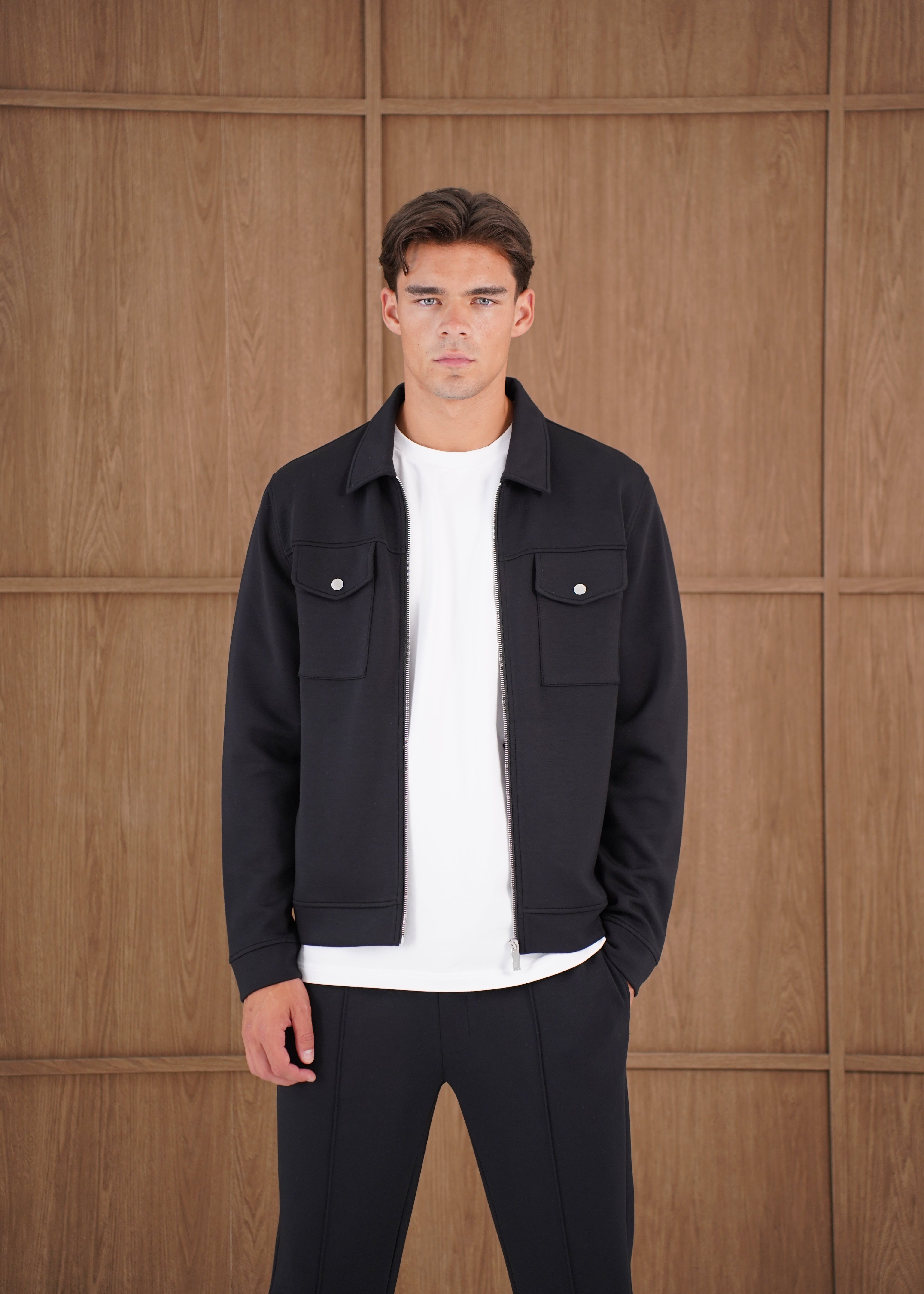 Capo Nick Zip Up Interlock Overshirt - Black