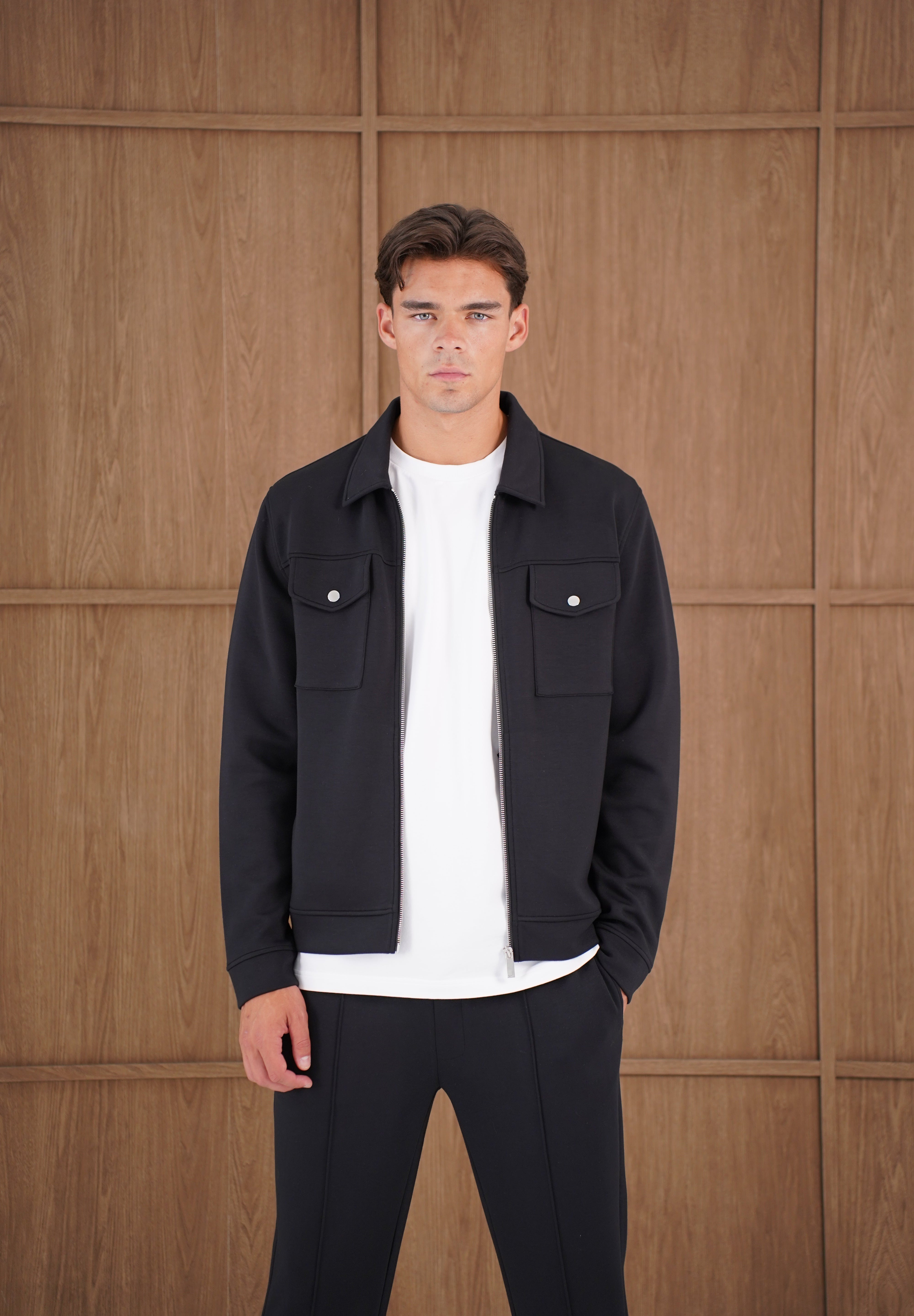 Capo Nick Zip Up Interlock Overshirt - Black