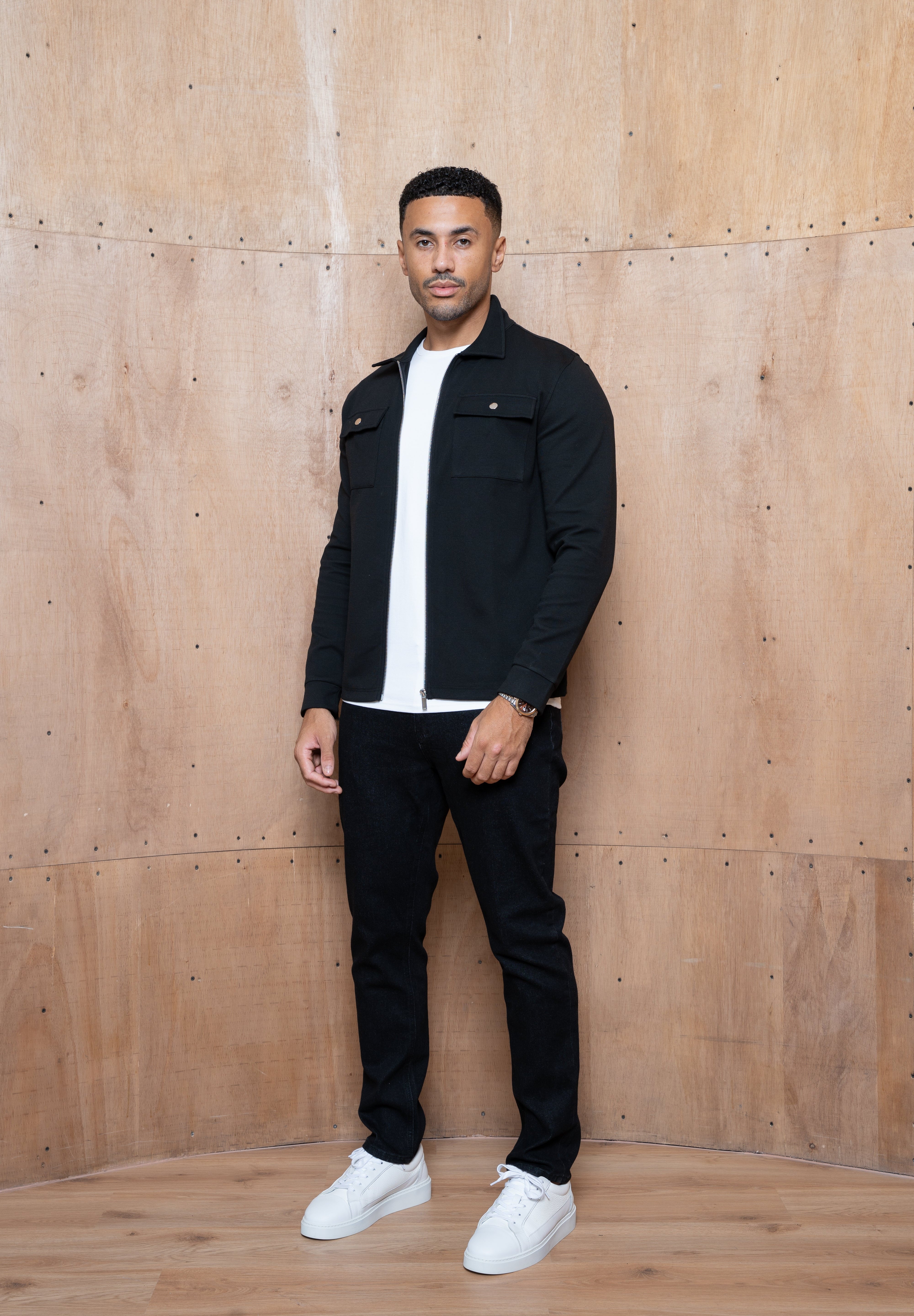 Capo Joe Pique Zip Up Overshirt - Black