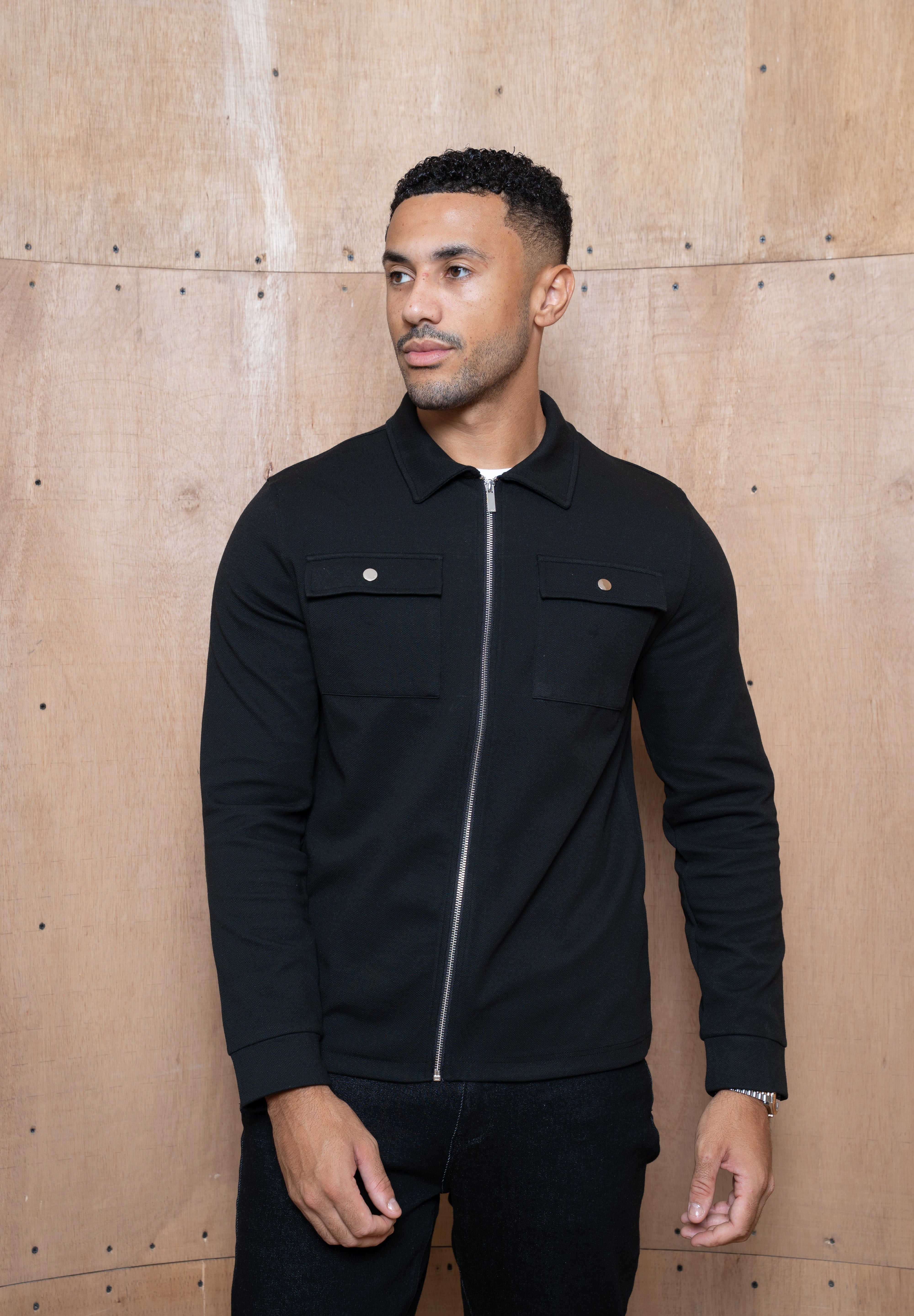 Capo Joe Pique Zip Up Overshirt - Black