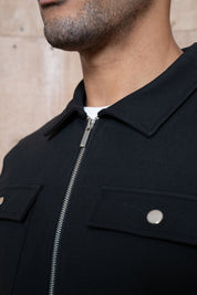 Capo Joe Pique Zip Up Overshirt - Black