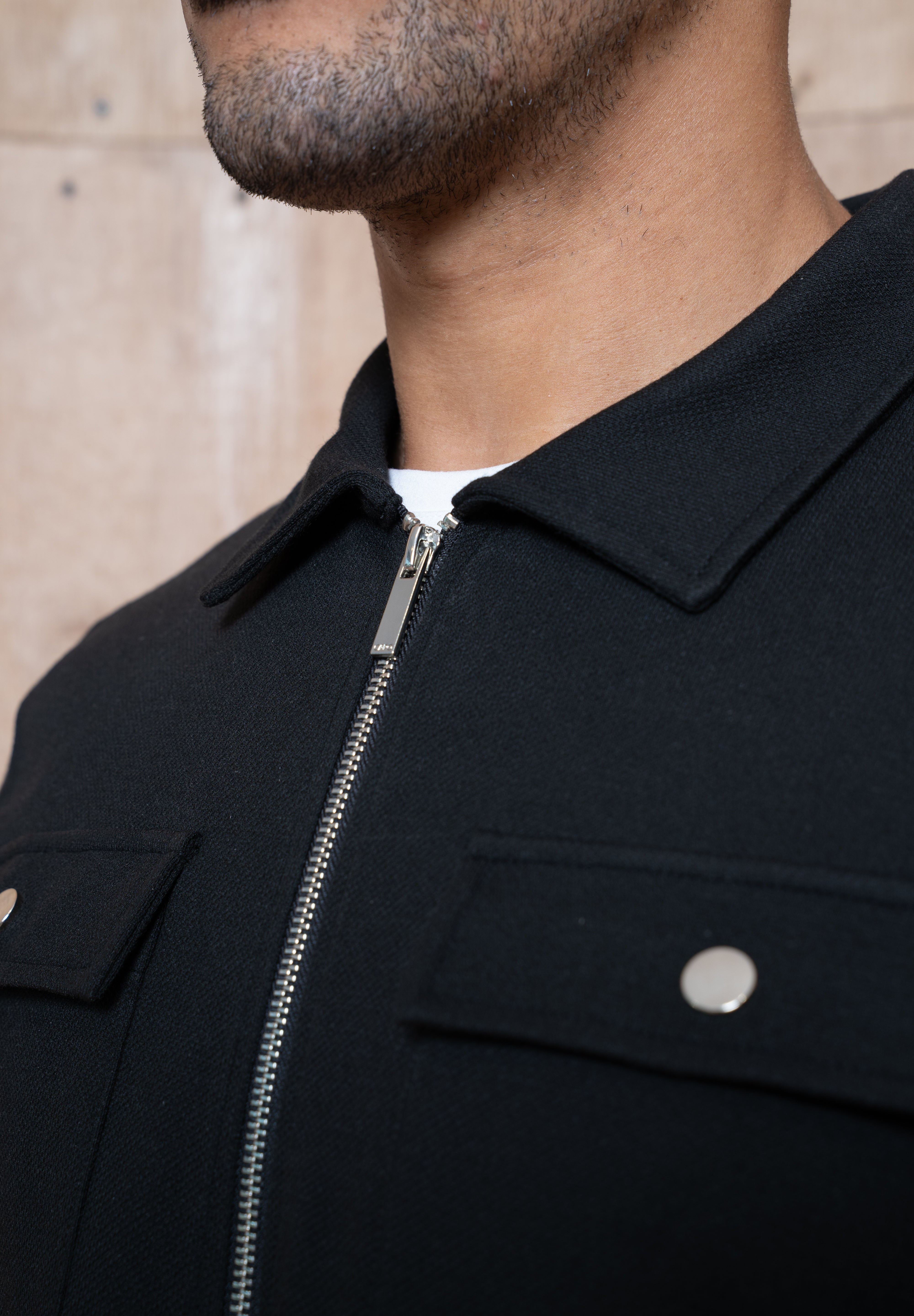 Capo Joe Pique Zip Up Overshirt - Black
