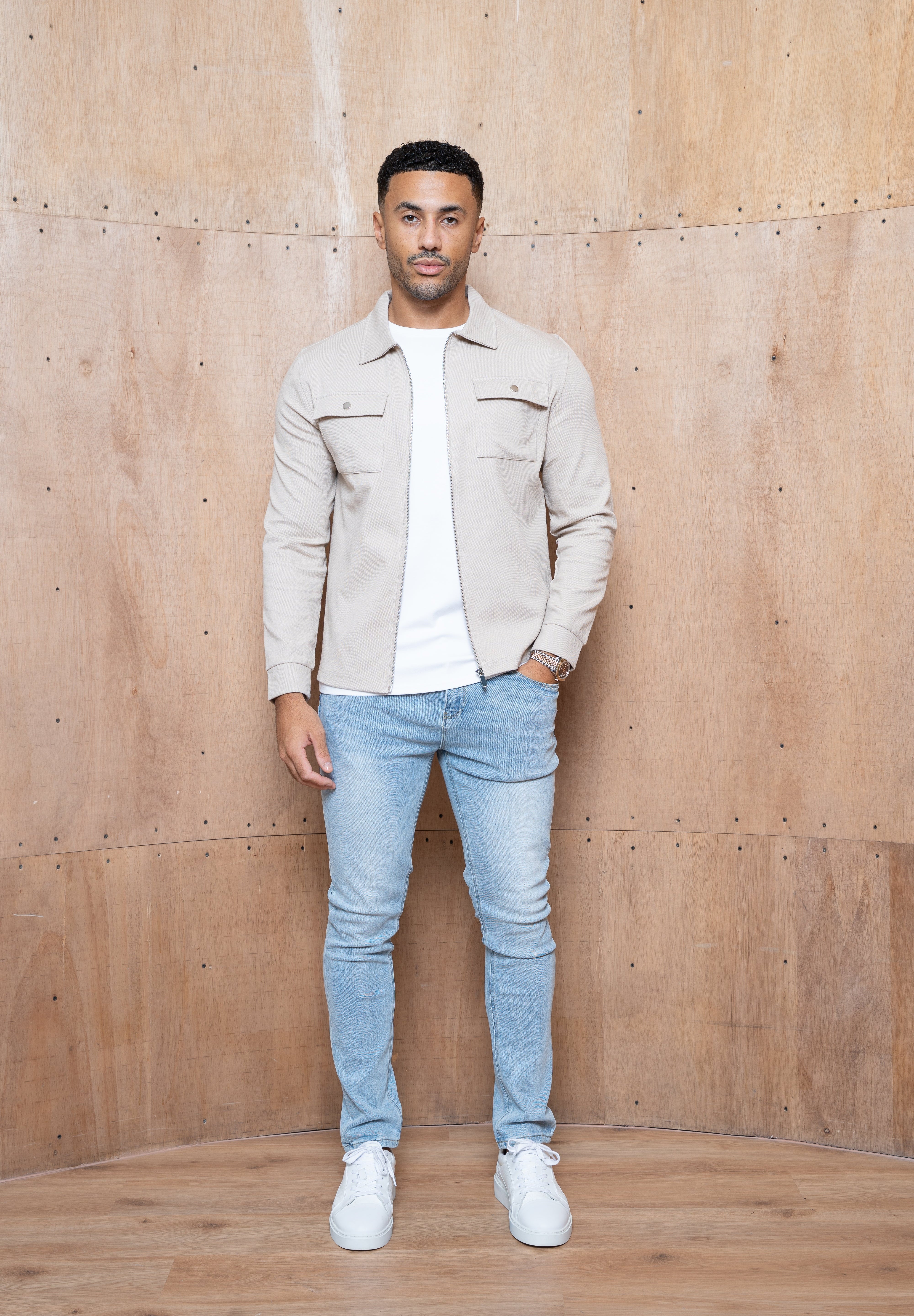 Capo Joe Pique Zip Up Overshirt - Stone