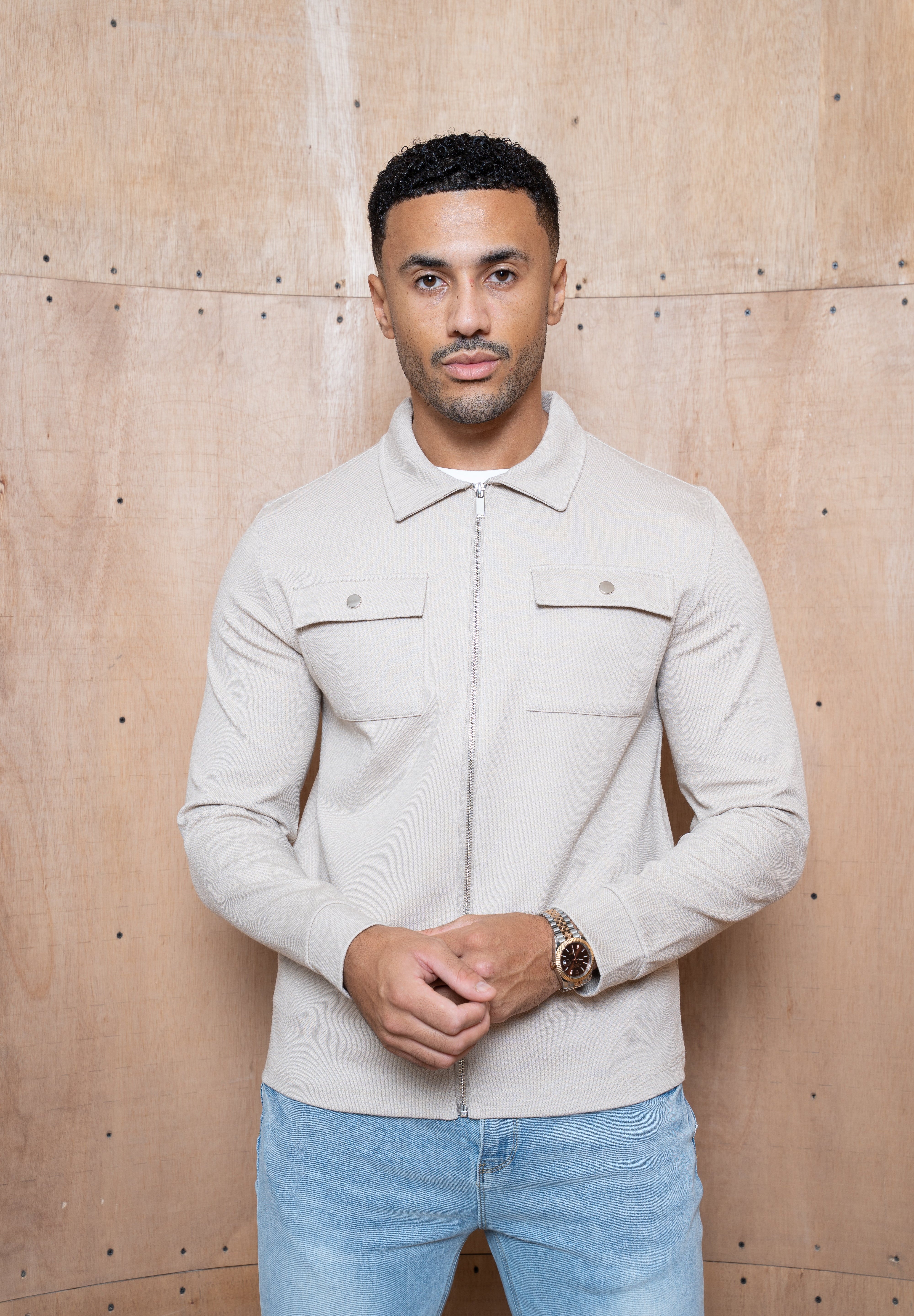 Capo Joe Pique Zip Up Overshirt - Stone