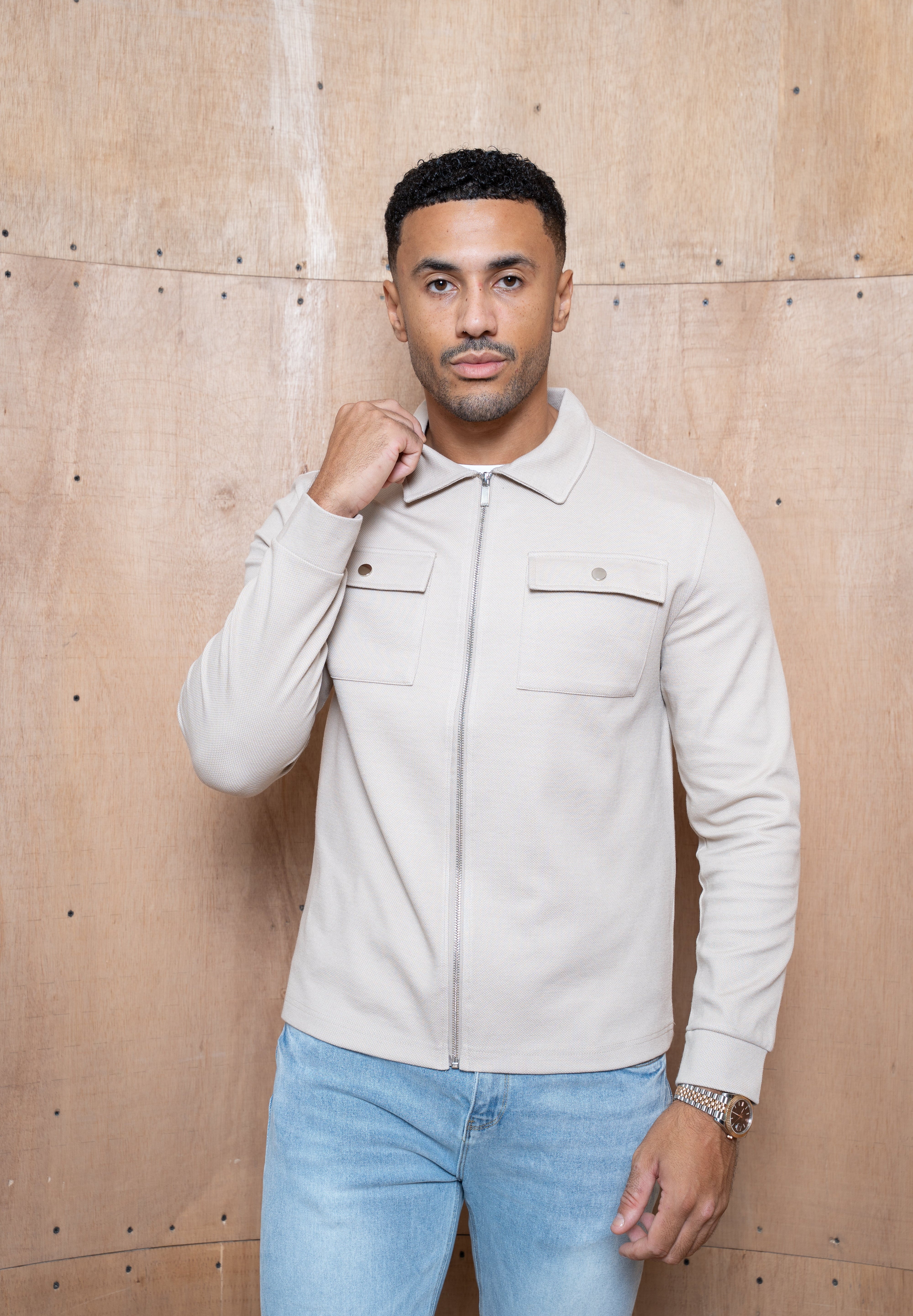 Capo Joe Pique Zip Up Overshirt - Stone