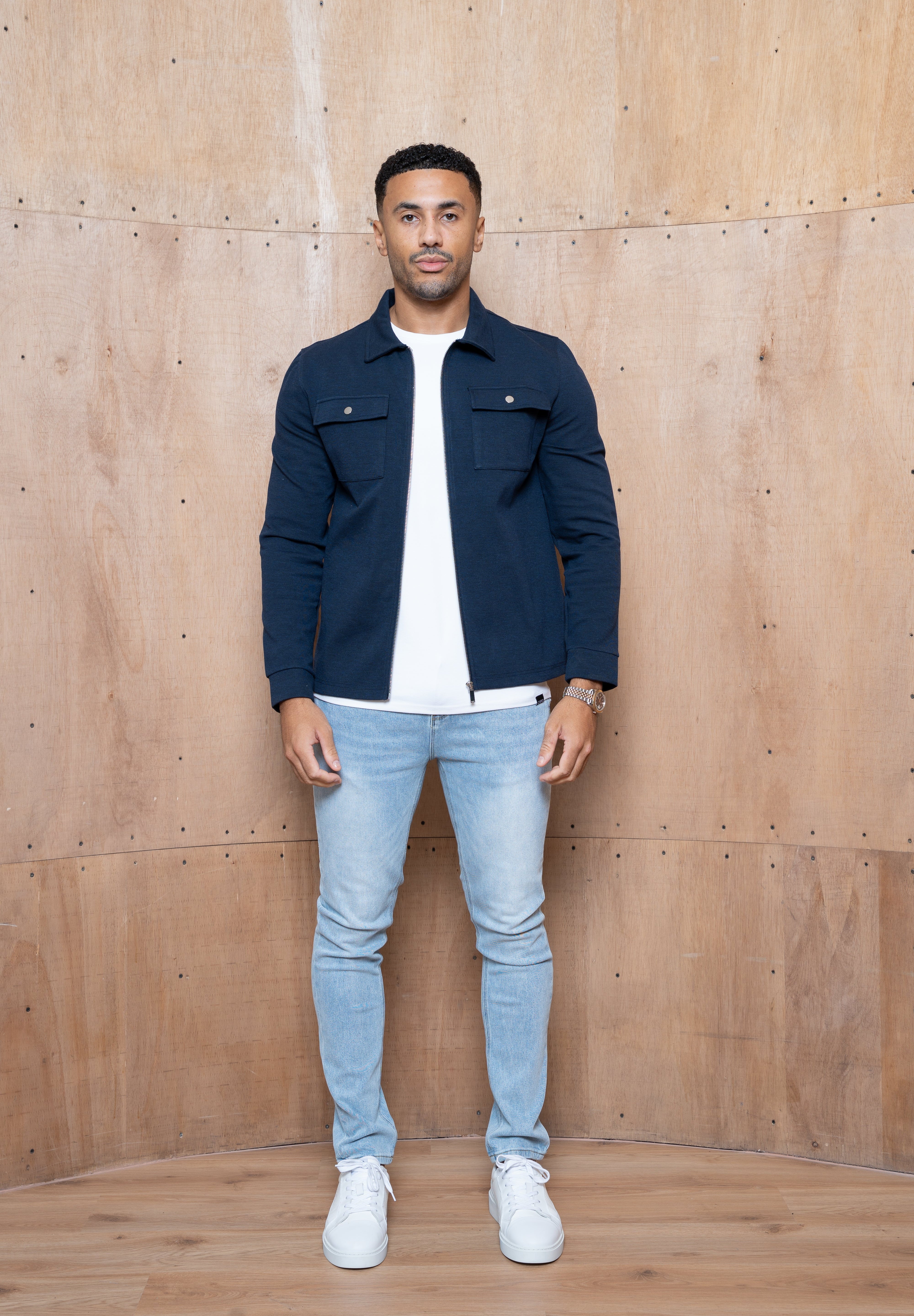 Capo Joe Pique Zip Up Overshirt - Navy