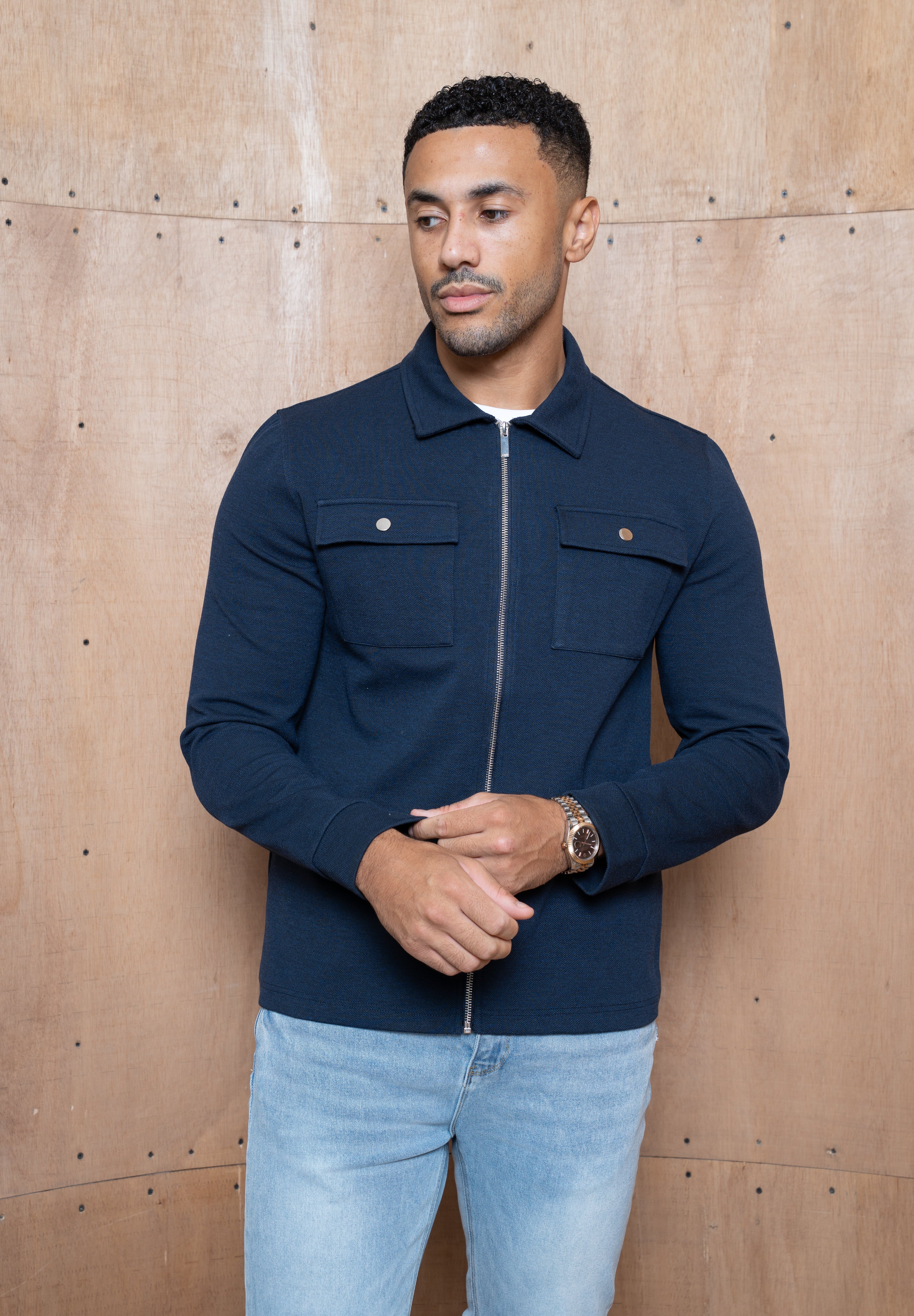 Capo Joe Pique Zip Up Overshirt - Navy