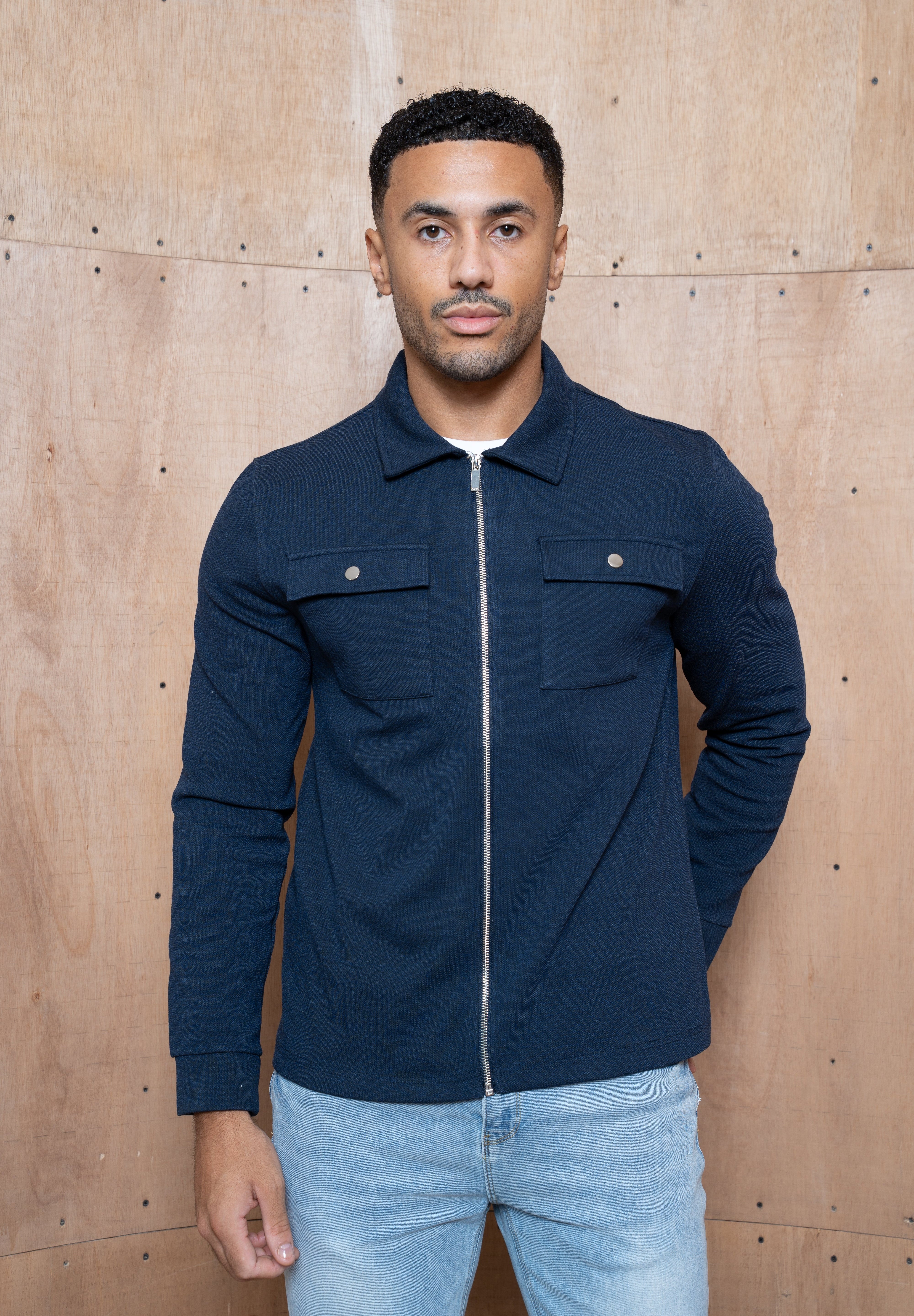 Capo Joe Pique Zip Up Overshirt - Navy